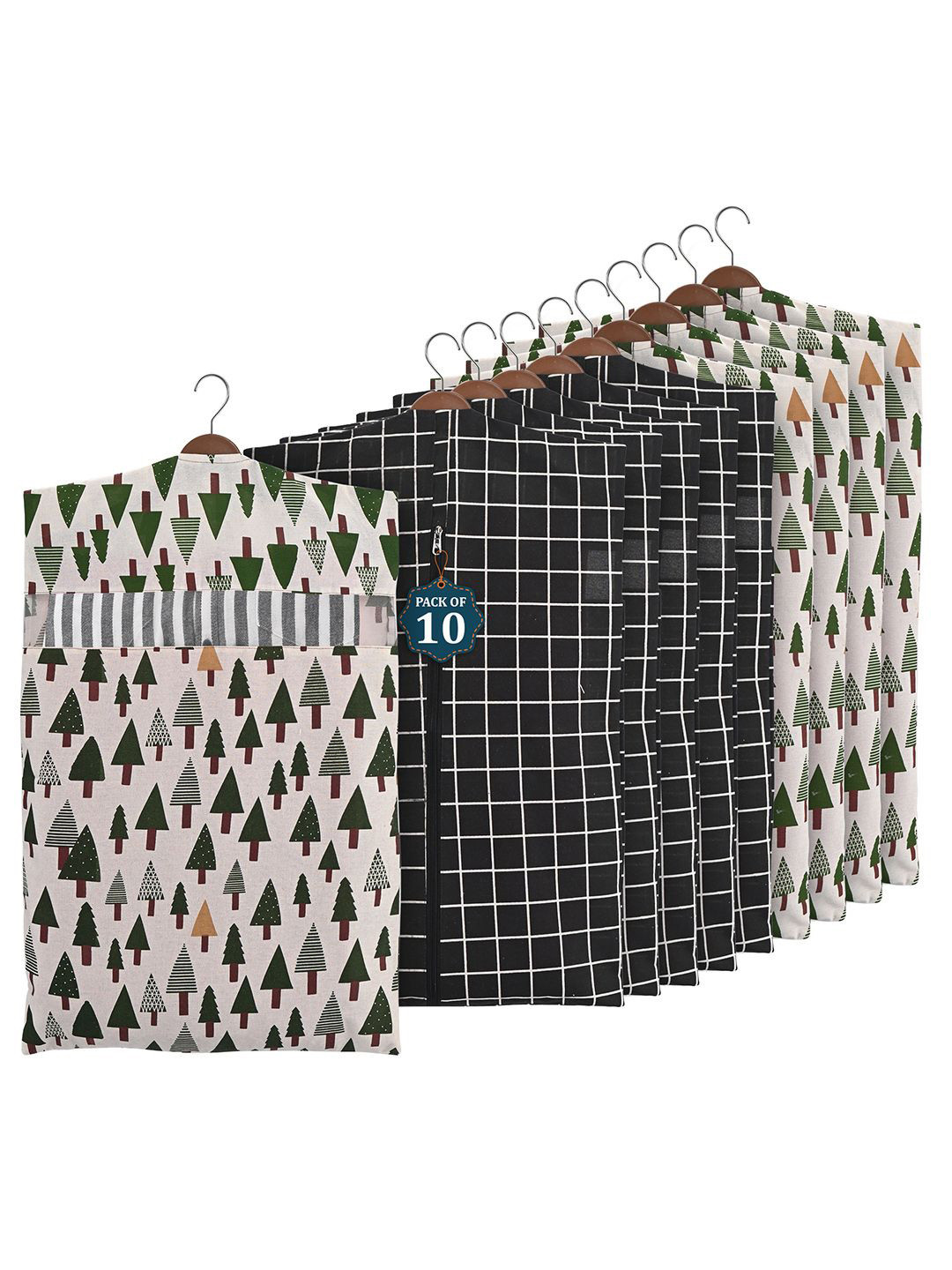 Kuber Industries Black & Green 10 Pieces Printed Cotton Hanging Clothes Organisers