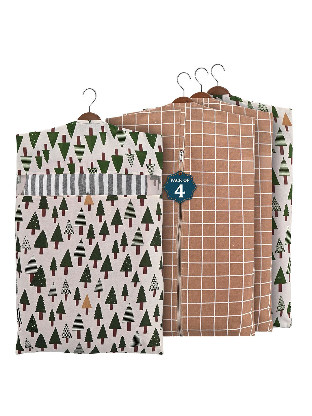Kuber Industries Brown & Green 4 Pieces Printed Cotton Hanging Clothes Organisers