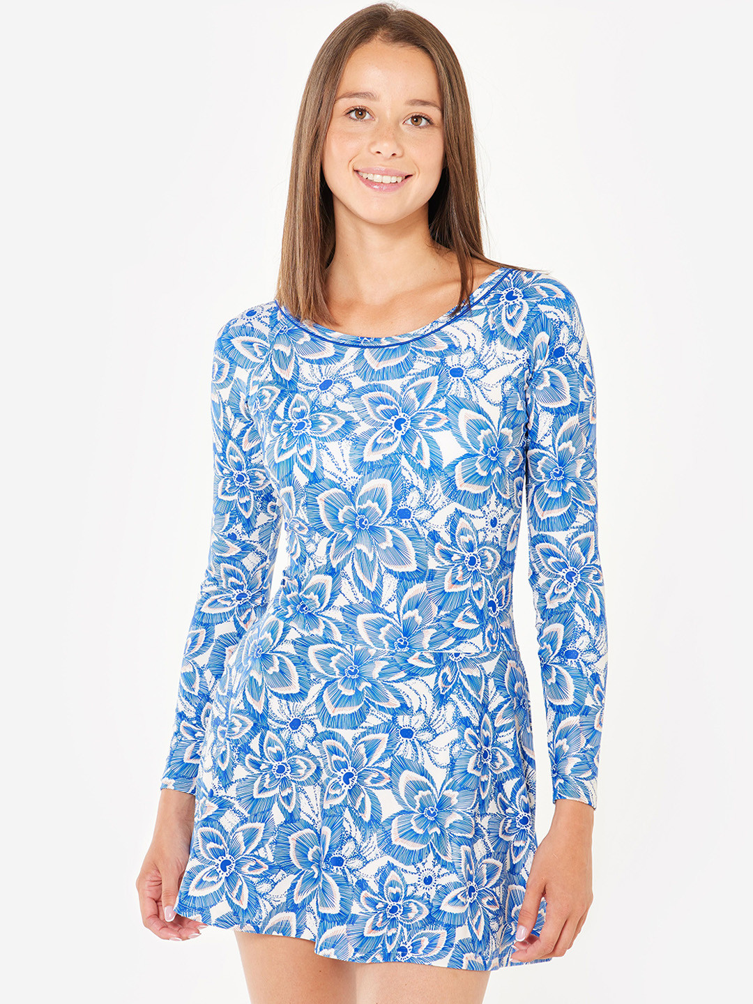 Decathlon Nabaiji Womens Blue Floral Printed Full-Sleeve Swimsuit With Shorts