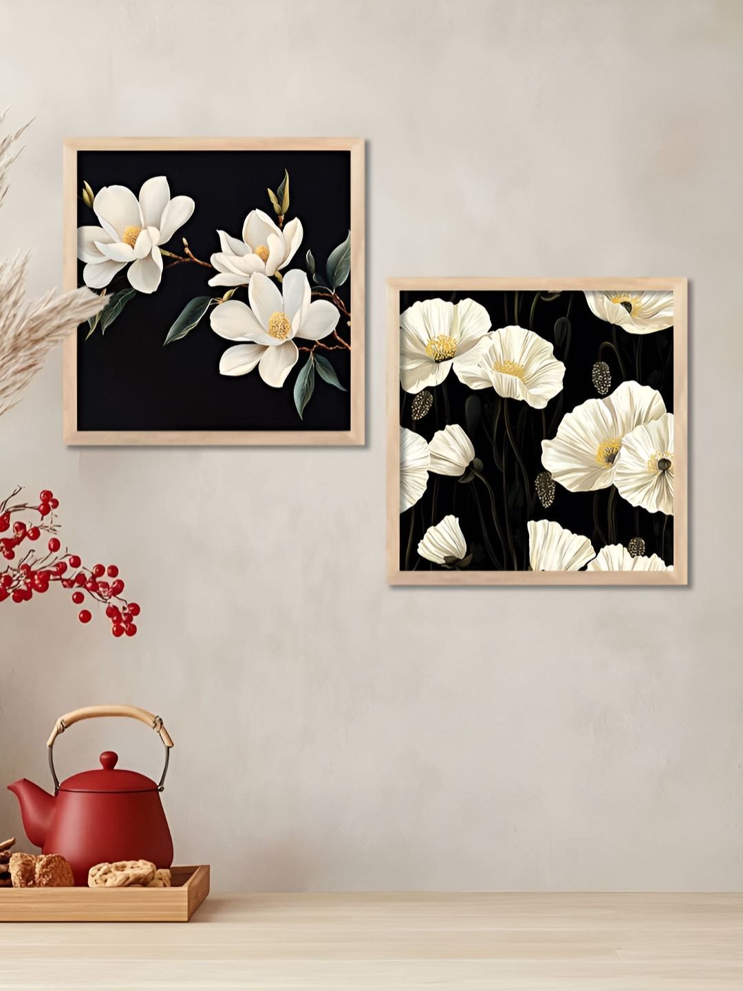 Kotart Black & White 2 Pieces Floral Printed Wooden Wall Paintings