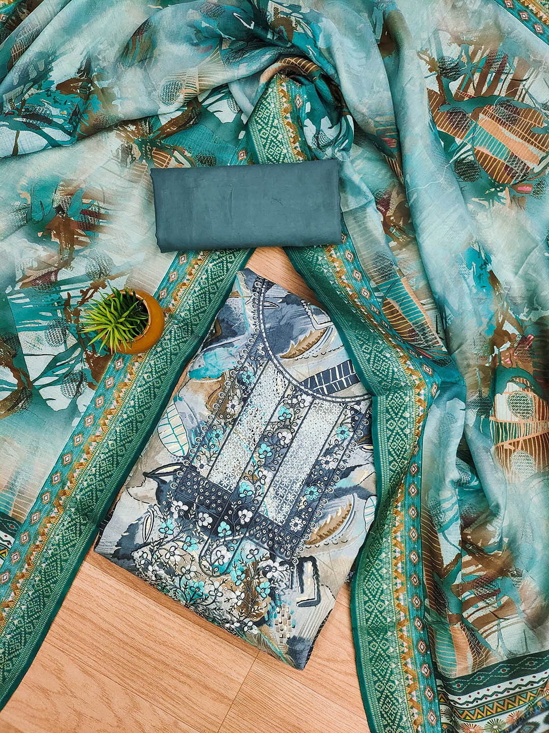 SHADOW & SAINING Floral Printed Sequinned Modal Cotton Unstitched Dress Material