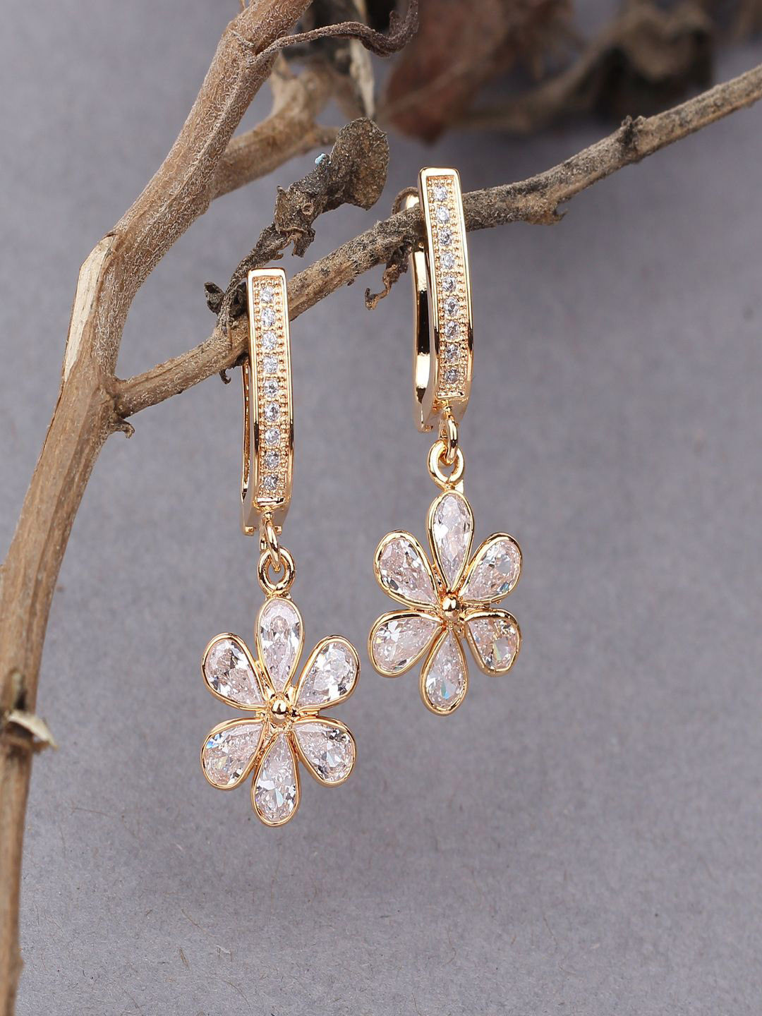 Jewels Corner Rhodium-Plated Cubic Zirconia Floral Hoop Earrings