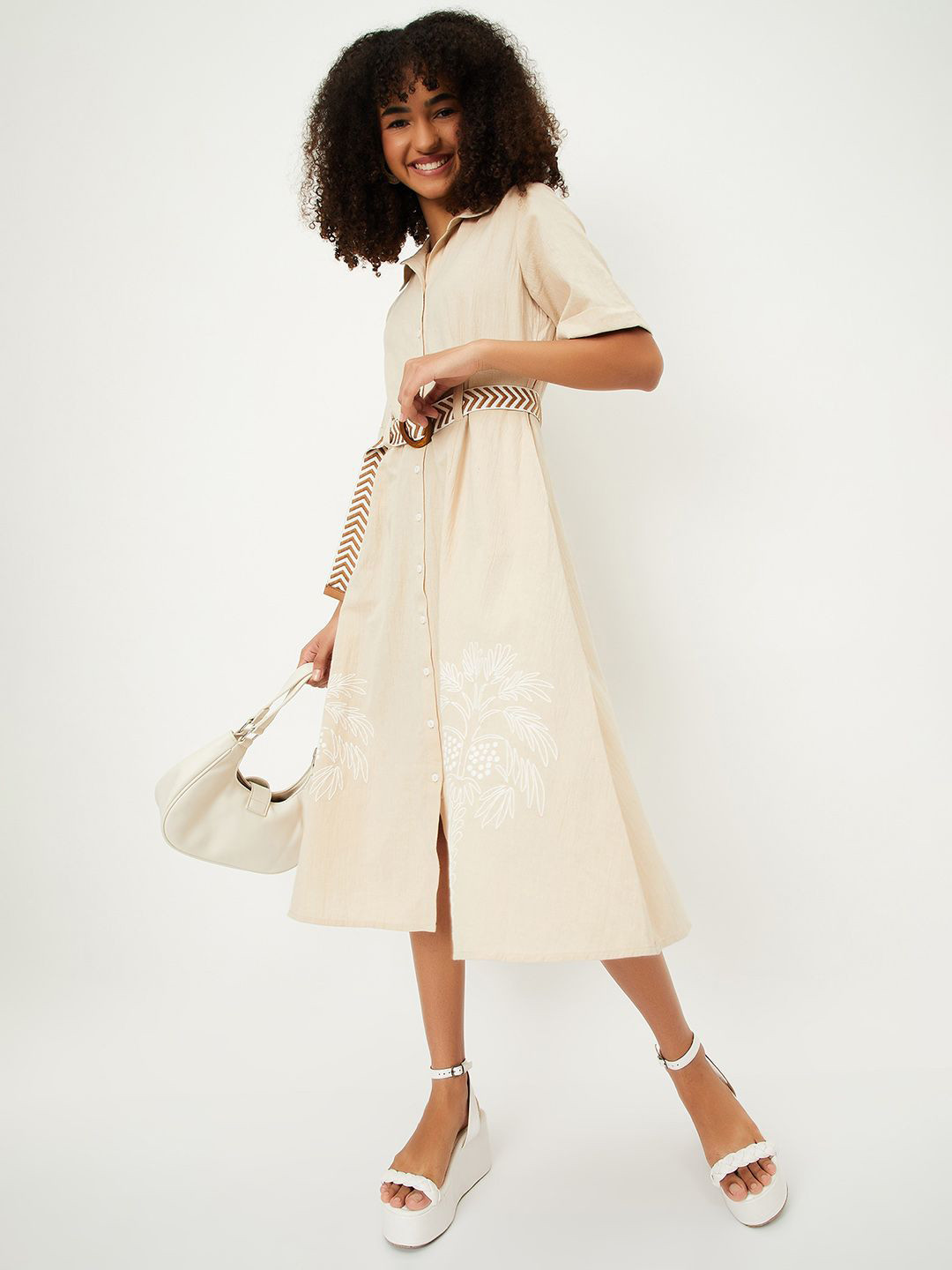 max Women Cotton Shirt Collared Shirt Midi Dress With Belt