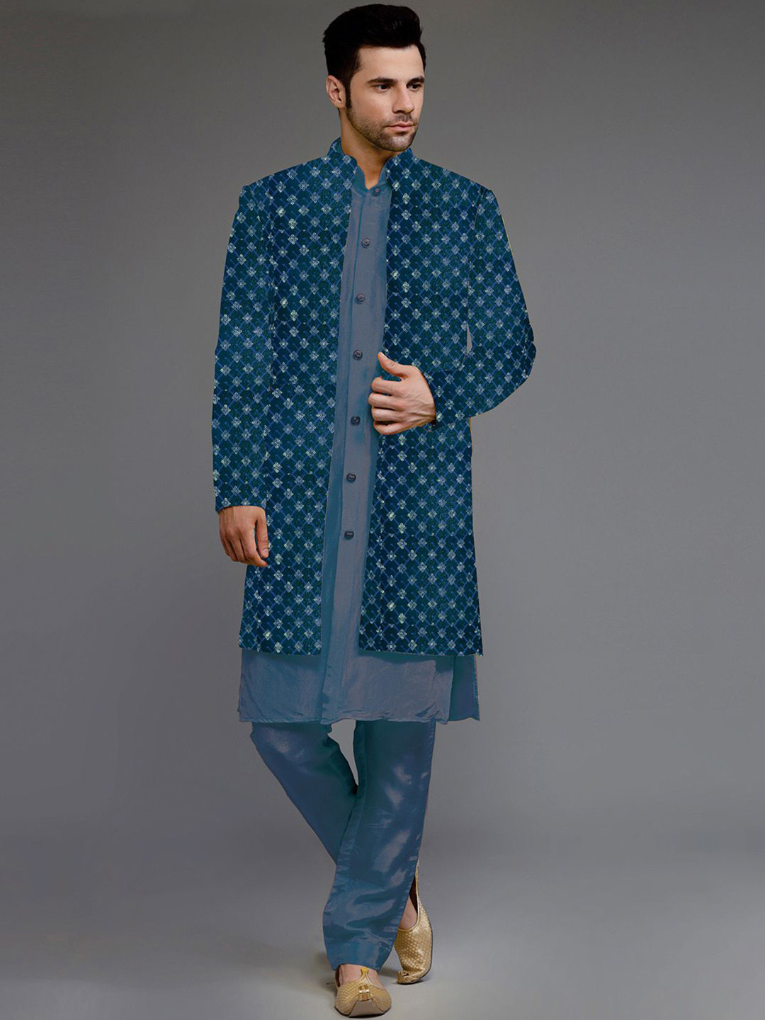 Utsav Fashion Men Embroidered Uppada Silk Sherwani and pant with Faux Georgette Jacket Set