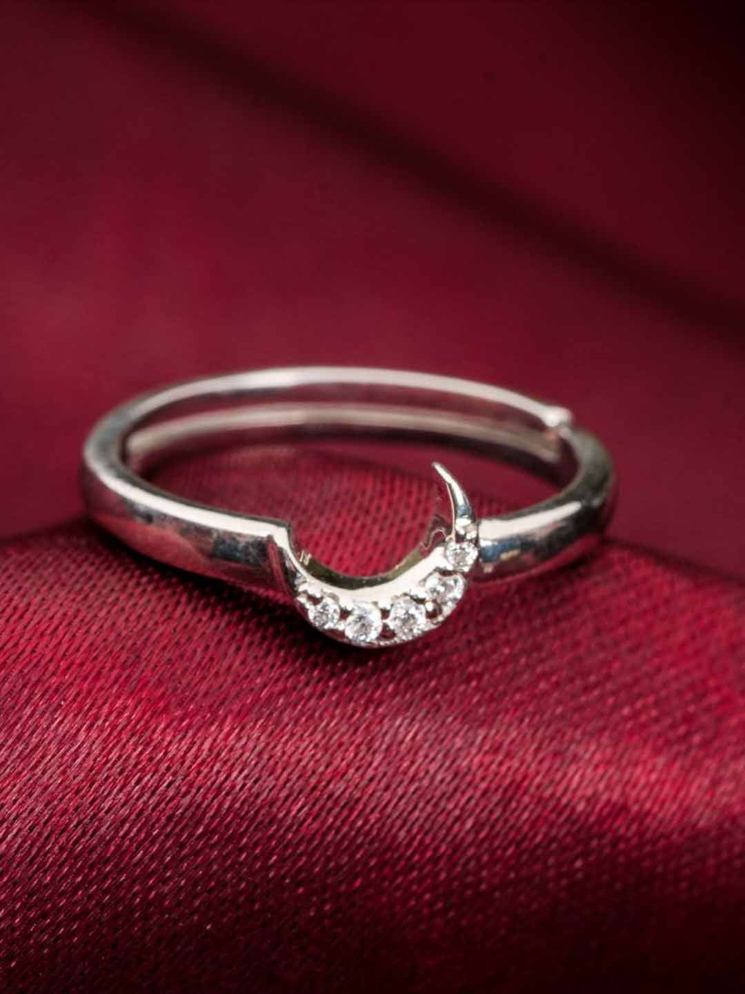 Soraya Luxe 925 Sterling Silver Rhodium-Plated CZ Studded Ethereal Moon Finger Ring