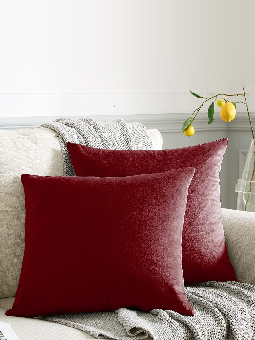 CASABLEU Rainbow Maroon Velvet Durable 2 Pcs Square Cushion Covers - 16 x 16 In