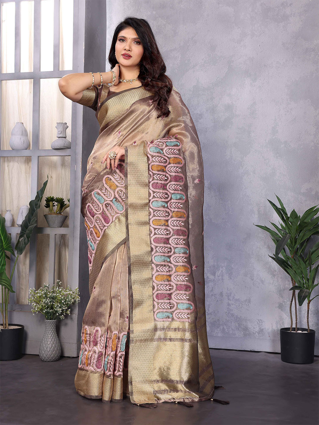 NEGRONI Floral Embroidered Woven Design Zari Tassels and Thread Work Saree