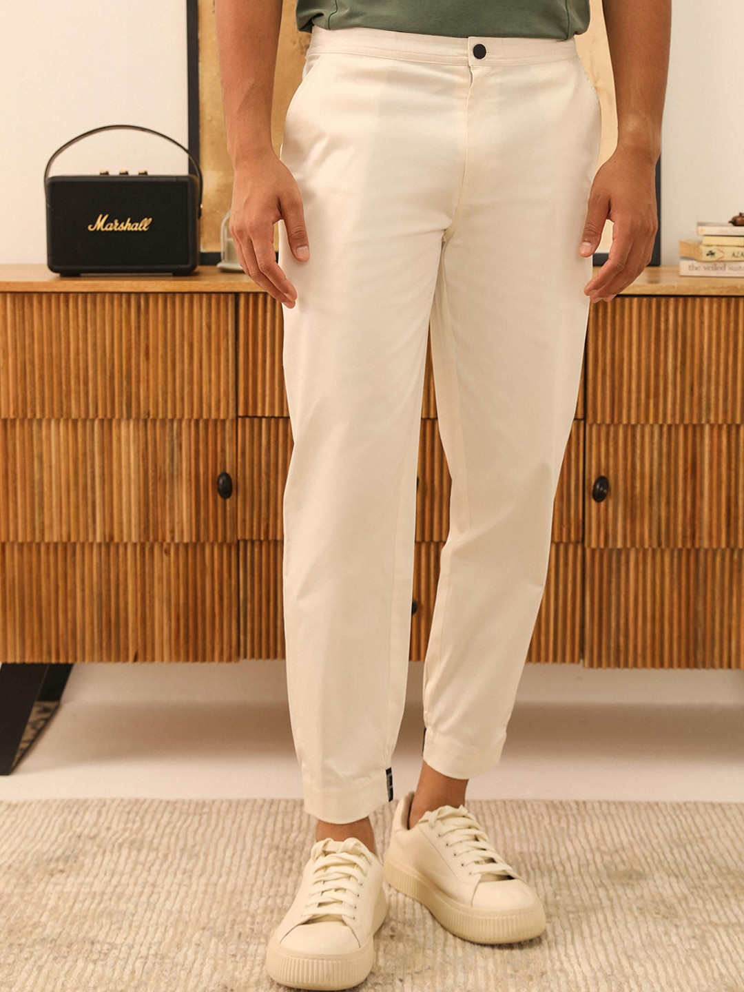 PRIMAL GRAY Men Organic Cotton Mid-Rise Flat-Front Cropped Chinos Trousers