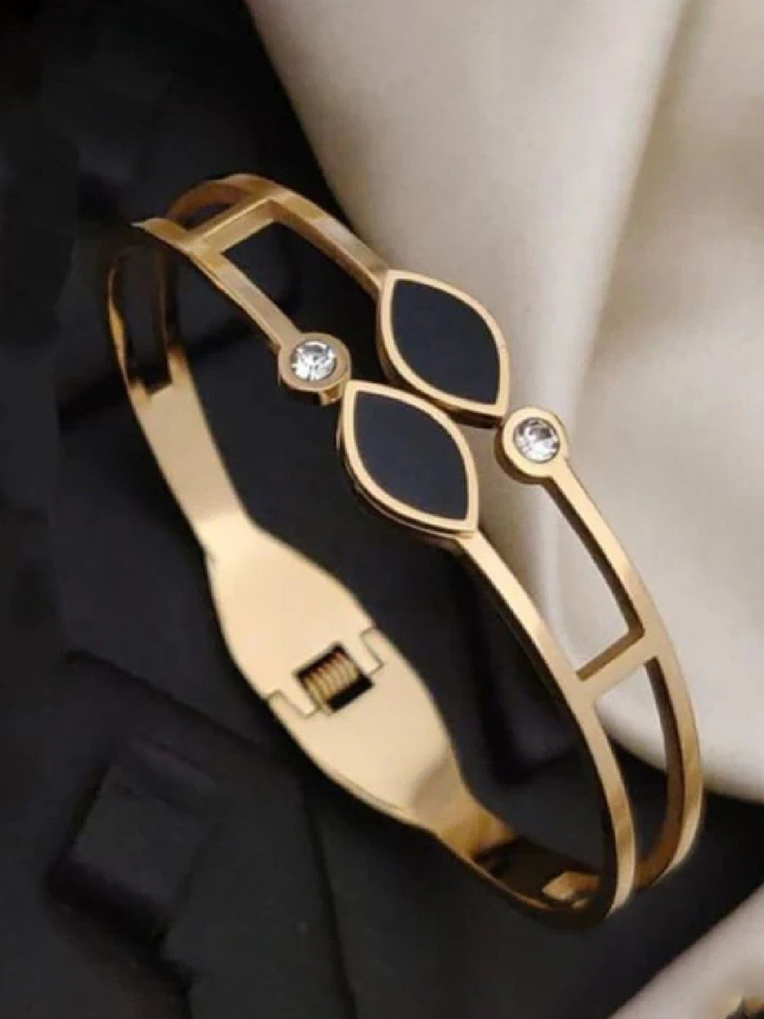 Crazy Fashion Stainless Steel Gold-Plated Cubic Zirconia Studded Water Drop Cuff Bracelet