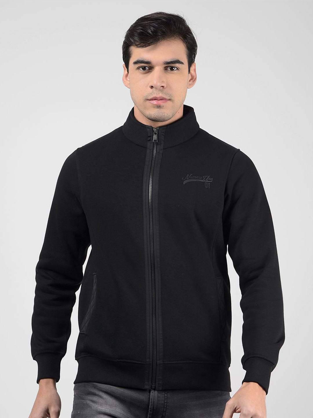 Numero Uno Men Solid High Neck Front Open Zipper Sweatshirt
