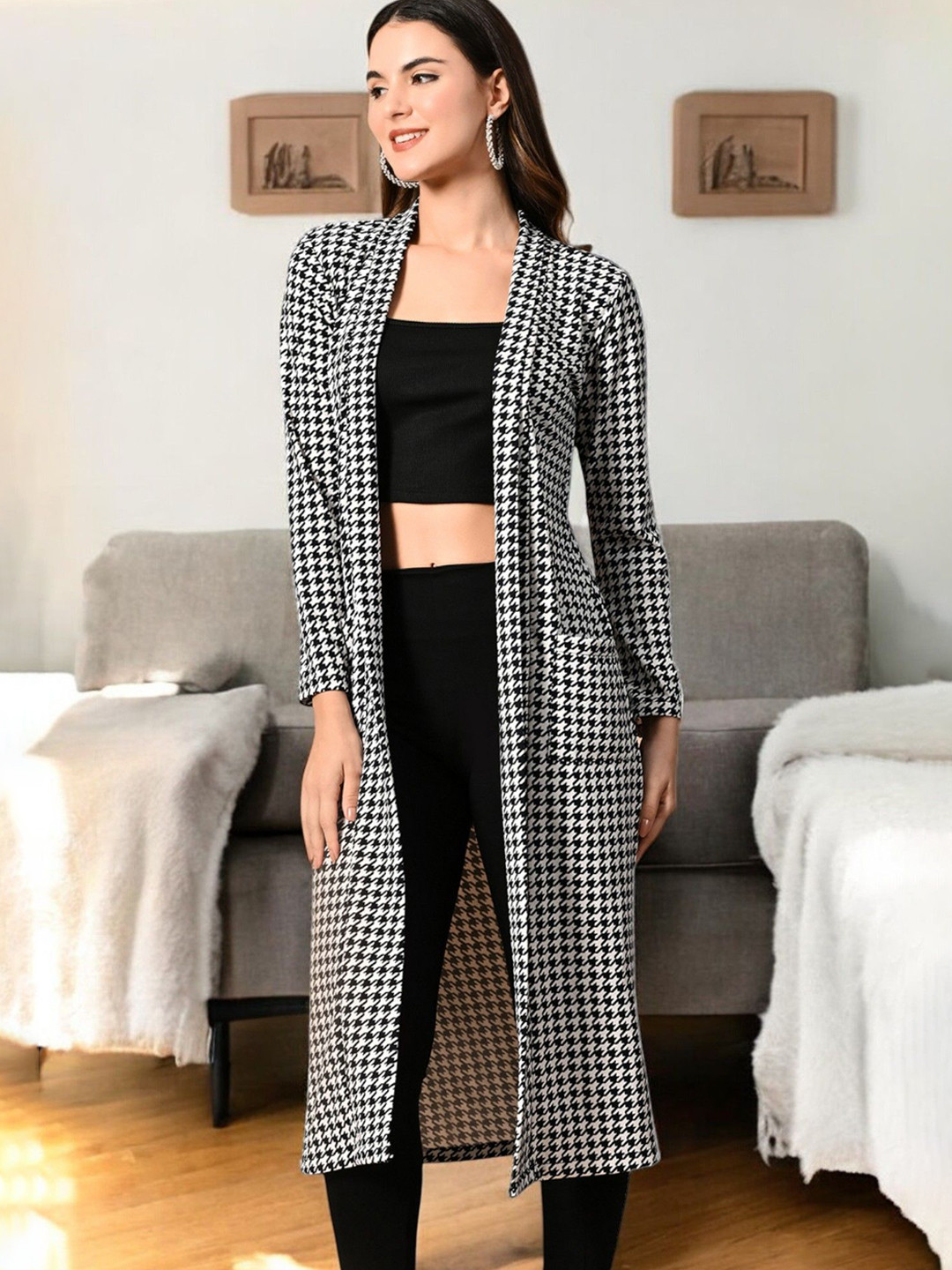 ZEUGEN Checked Open Front Long Sleeves Shrug