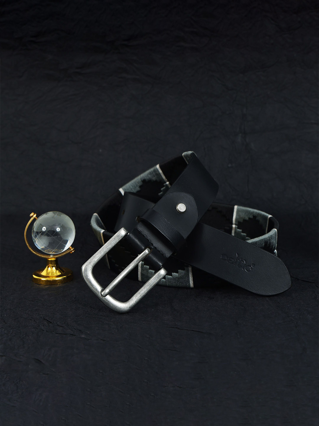 Celtic Women Textured Black Leather Belt with Tang Closure