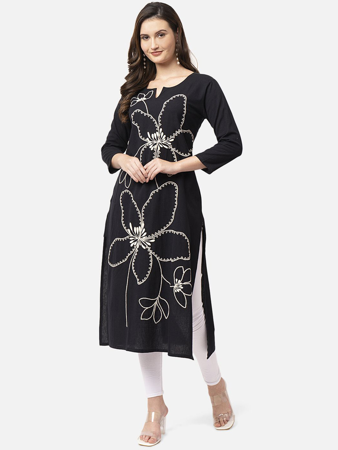 PALSIYA PRESENTS Floral Embroidered Notch Neck Thread Work Straight Kurta