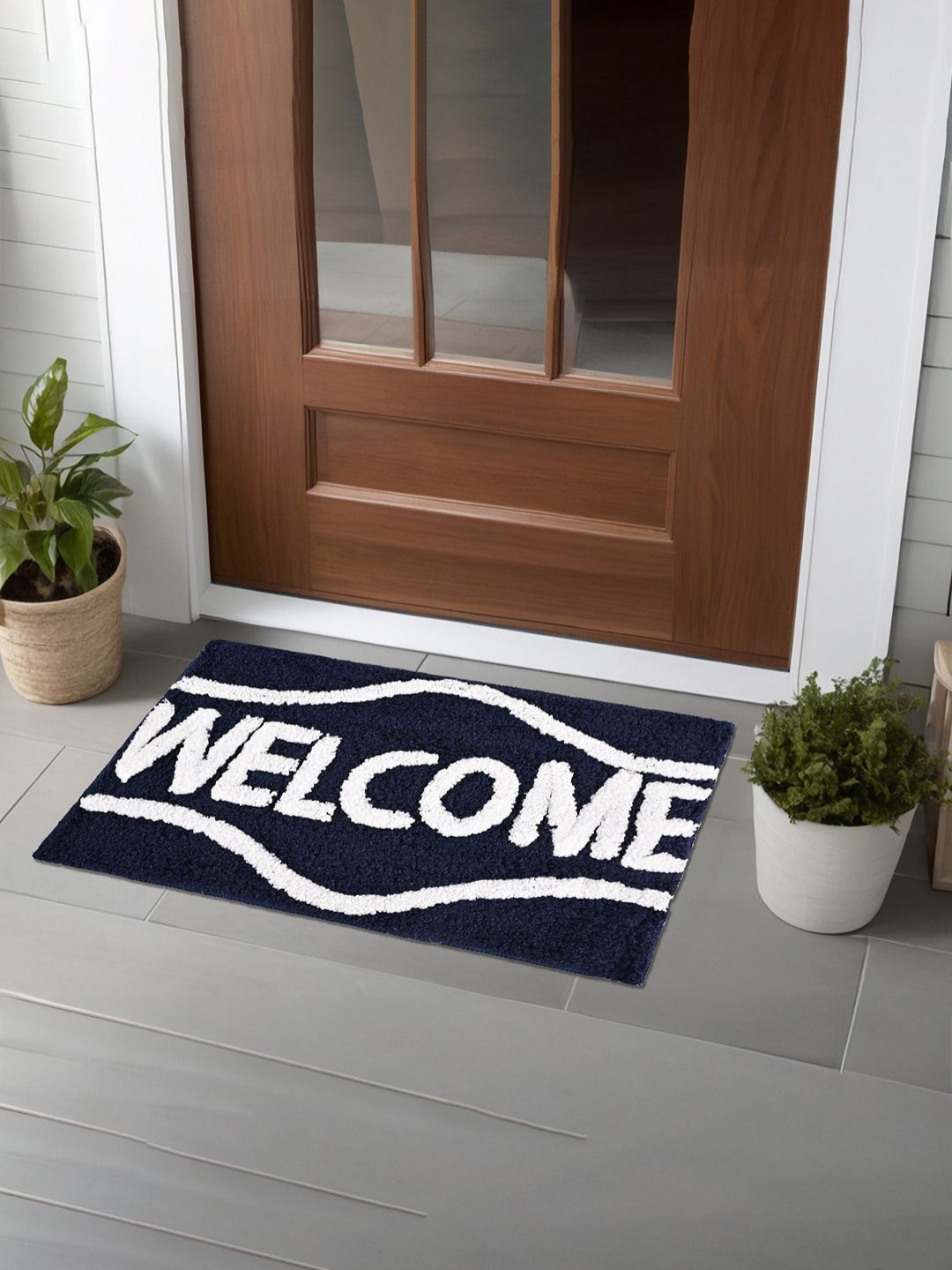 Aura Blue & White Welcome Rectangular Microfiber Anti Skid Doormat