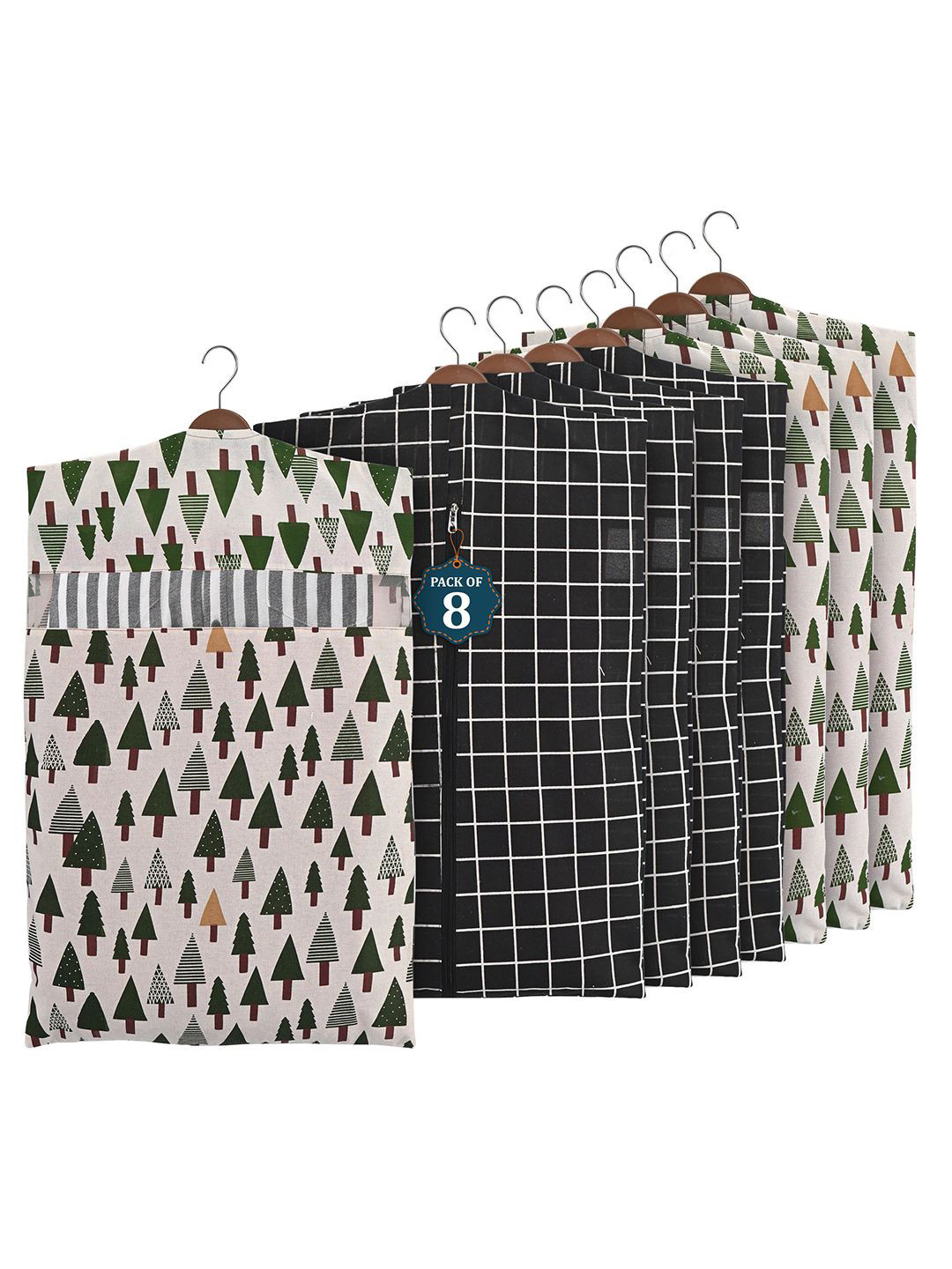 Kuber Industries Black & Green 8 Pieces Printed Cotton Hanging Clothes Organisers