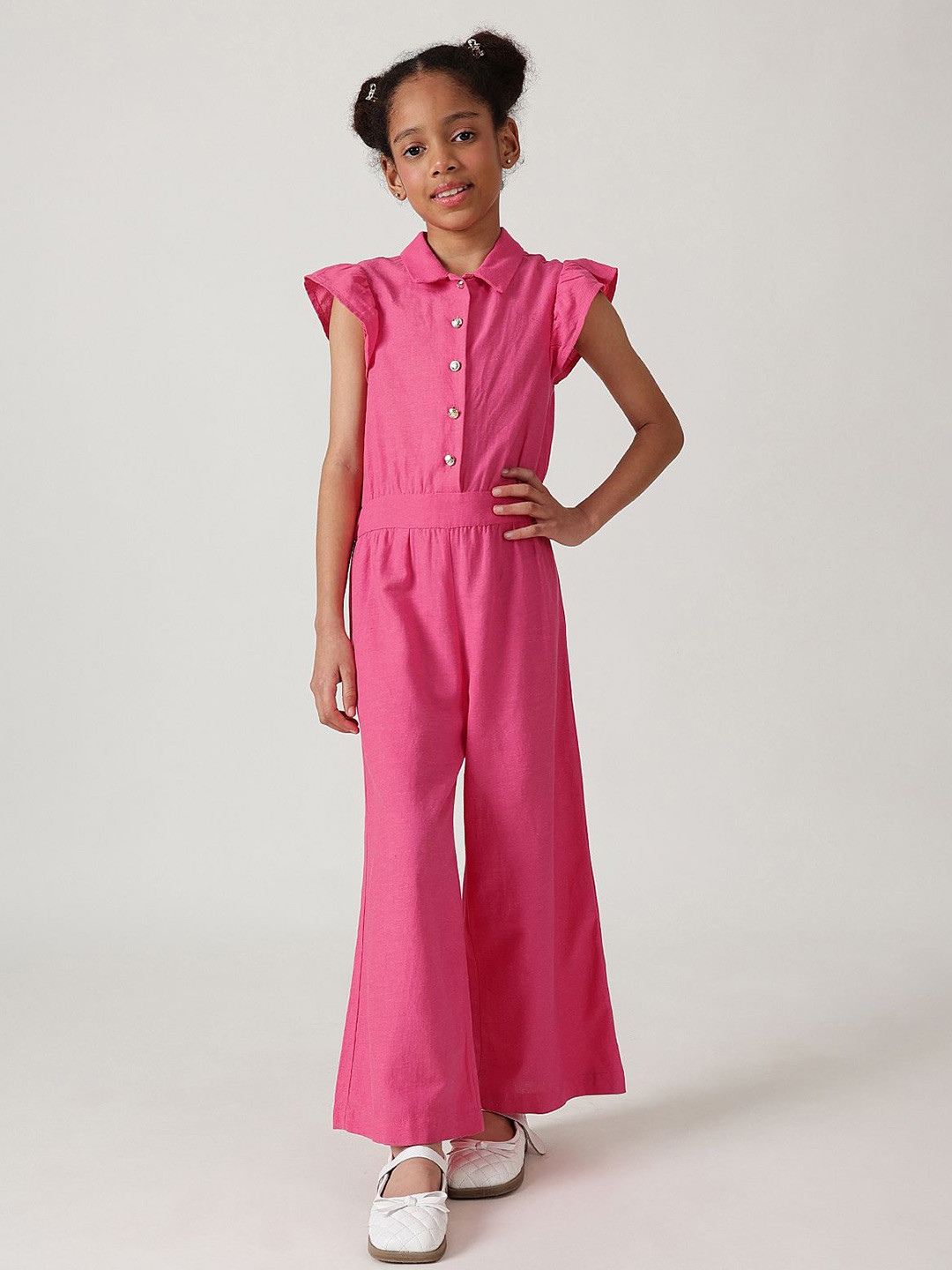 One Friday Girls Pink Regular Fit Frill Sleeve Solid Jumpsuit