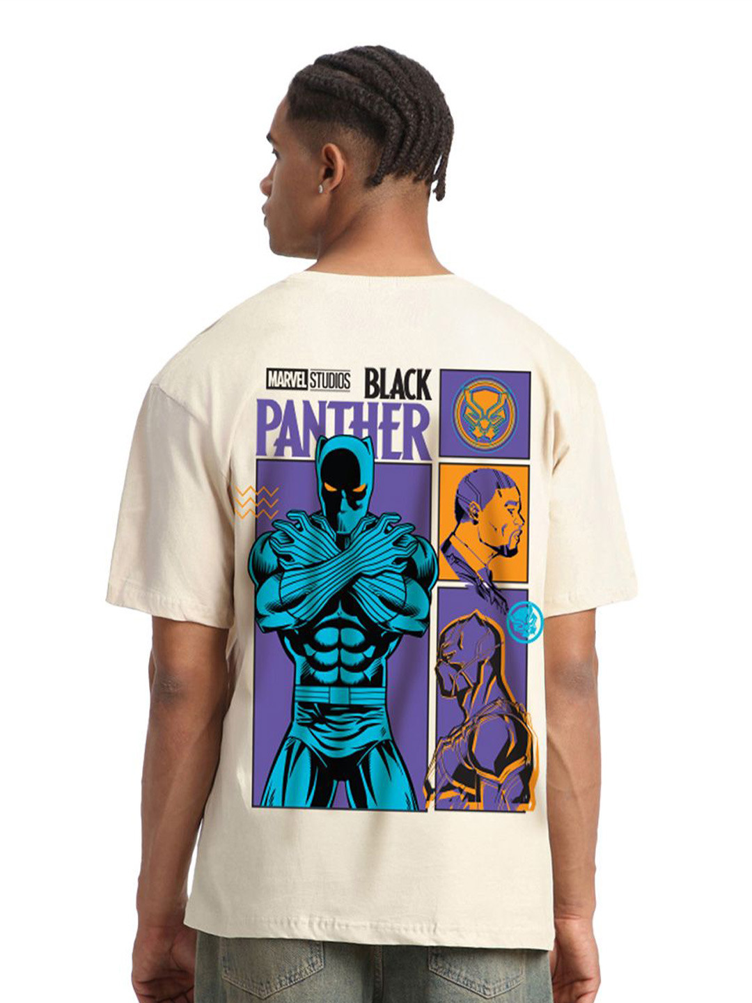 VEIRDO Marvel Men Black Panther Cream Round Neck Relaxed Fit Cotton Oversized T-Shirt