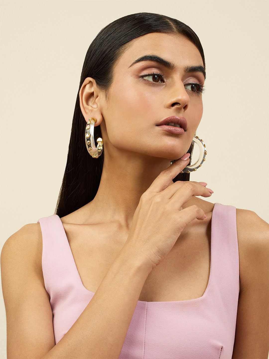 Isharya 18KT Gold Plated Crystals Stone Studded Circular Clear Core Hoop Earrings