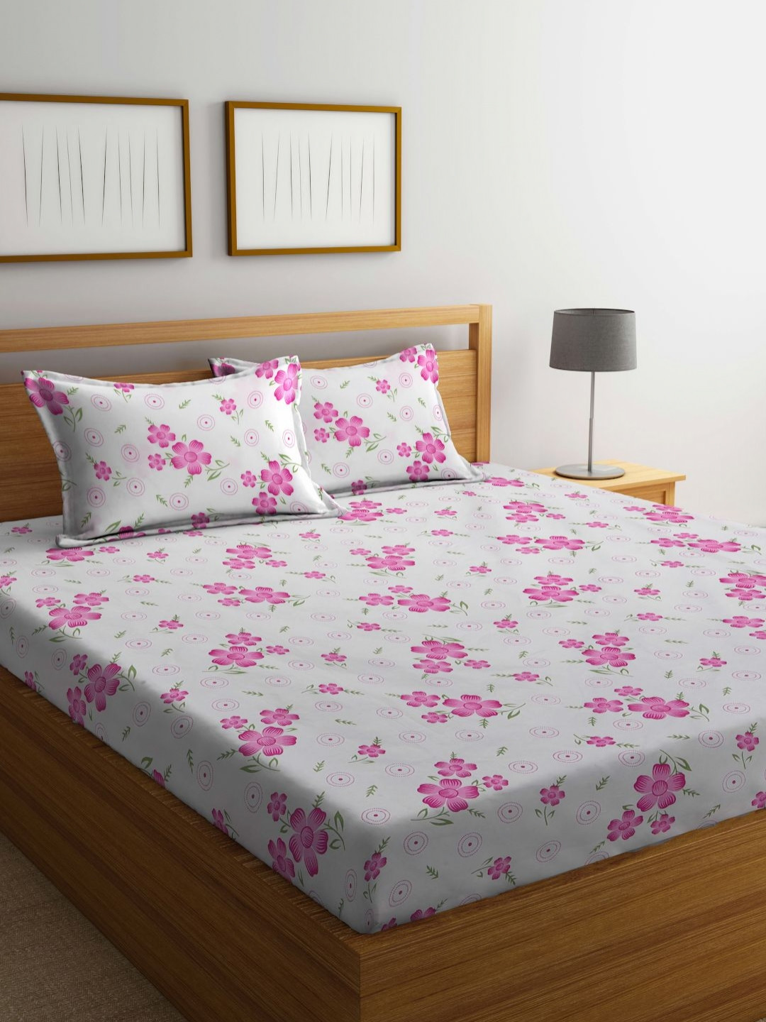 Myntra Elegant Homes White Printed Cotton 300 TC Fitted King Bedsheet Set-250 cm x 225 cm