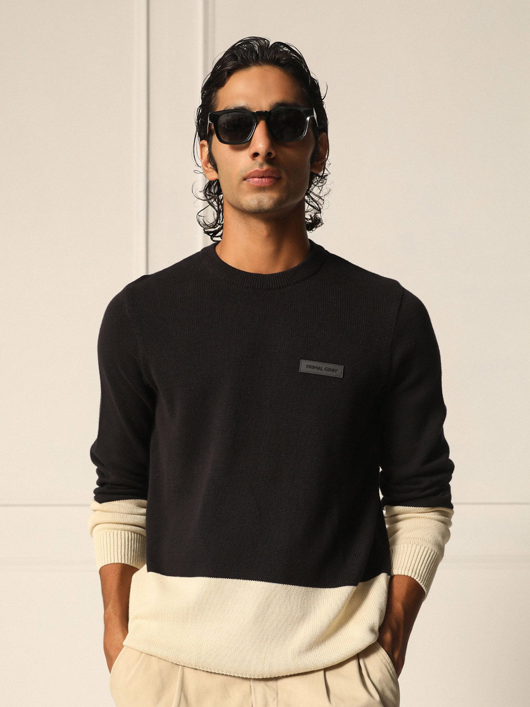 PRIMAL GRAY  Men Colourblocked Long Sleeves Cotton Pullover Sweater