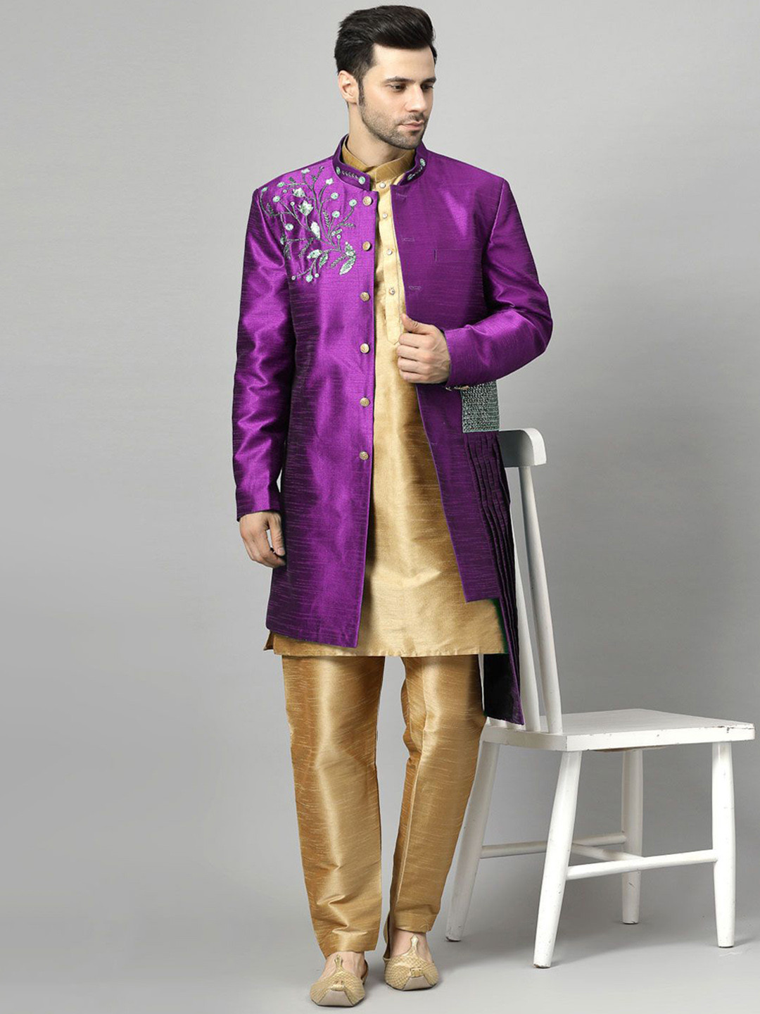 Utsav Fashion Men Embroidered Art Silk Sherwani & Pant with Art Silk Kurta Set