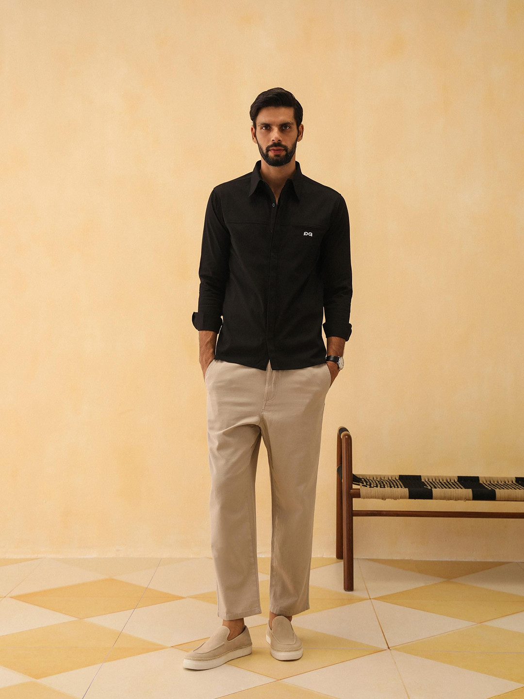 PRIMAL GRAY Men Slim Fit Spread Collar Solid Cotton Casual Shirt