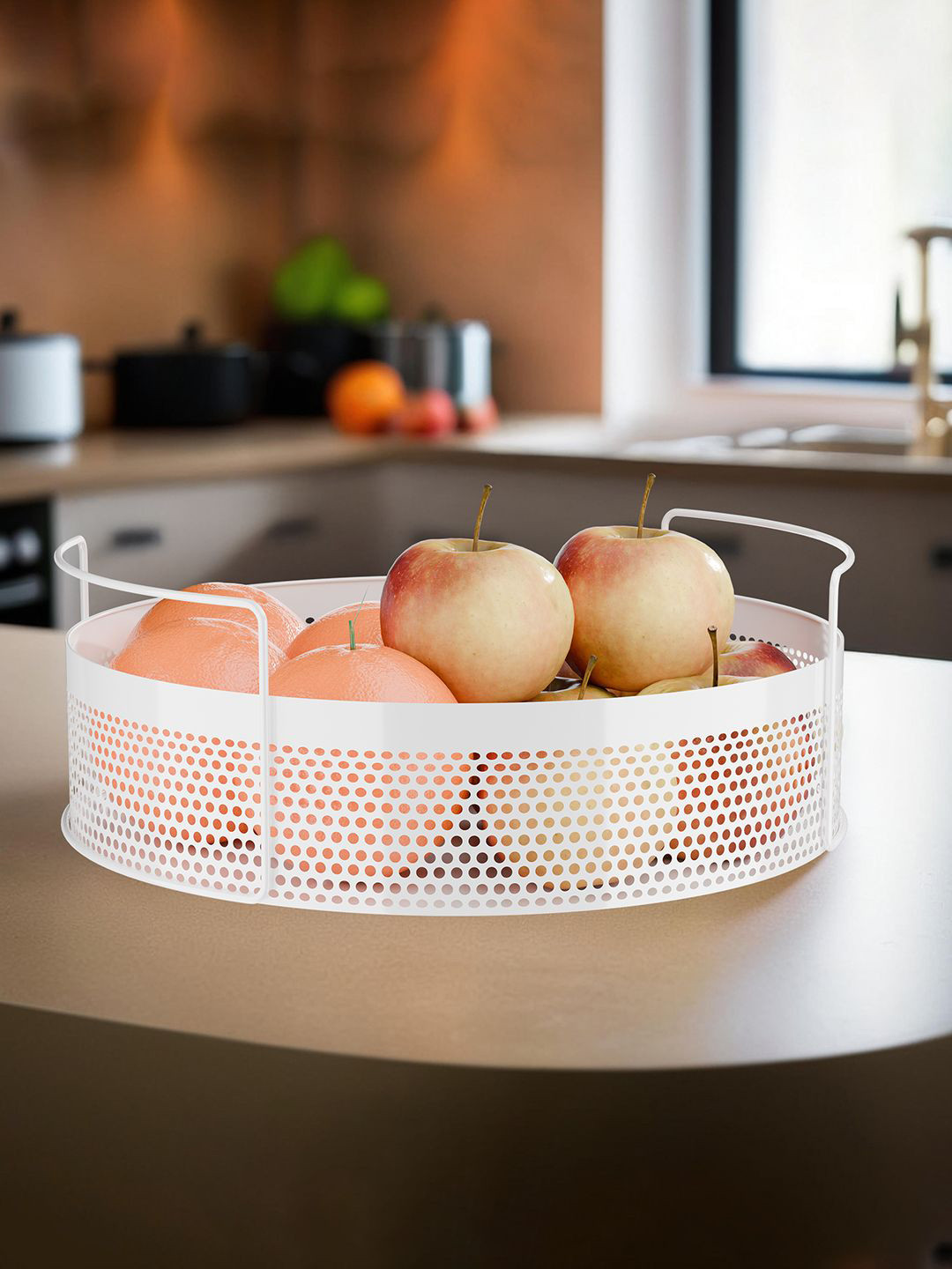 Kuber Industries White Metal Round Kitchen Rack Multipurpose Storage Basket Stand