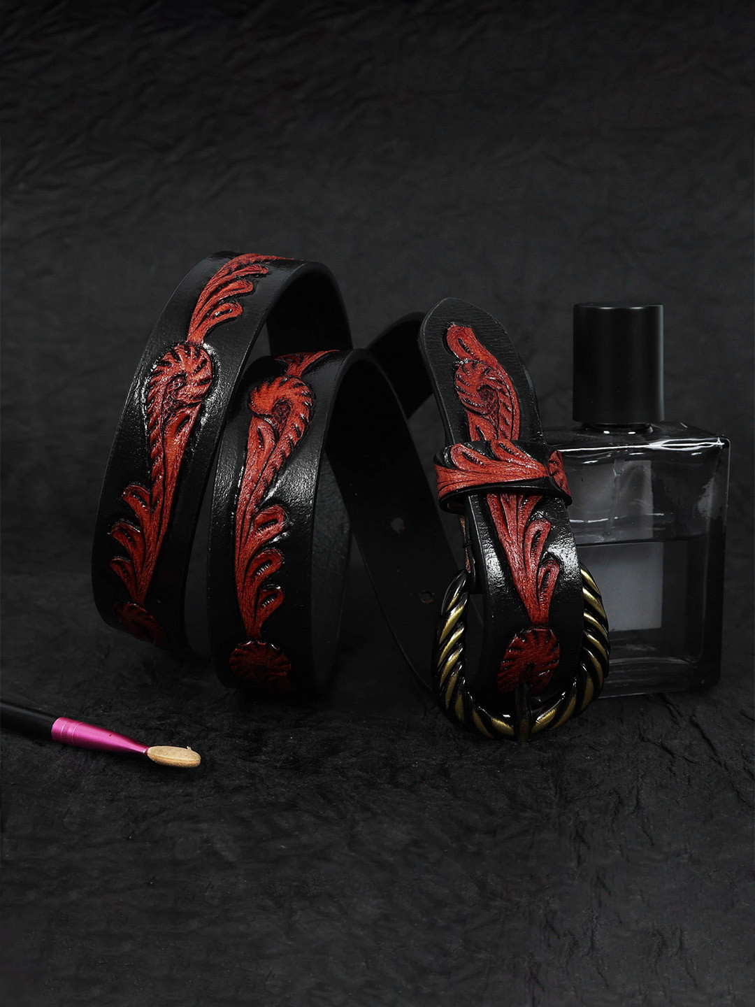 Celtic Women Black Textured Leather Belt with Secure Tang Closure