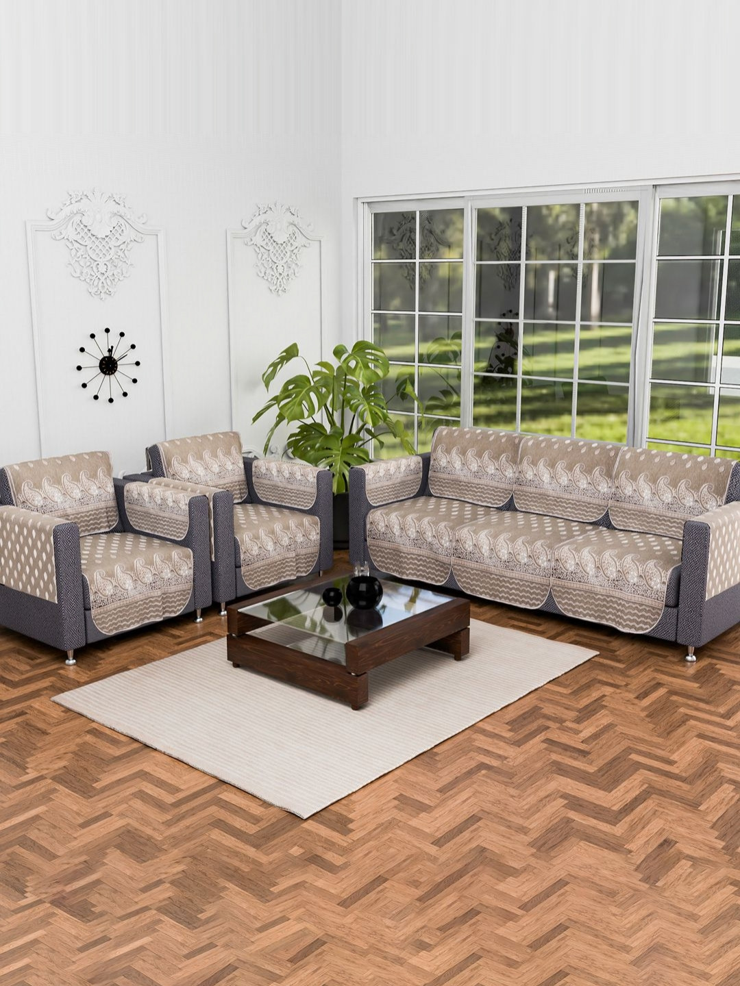 Aura Mousse Brown & White 16 Pieces Floral Printed 5 Seater Cotton Sofa Covers