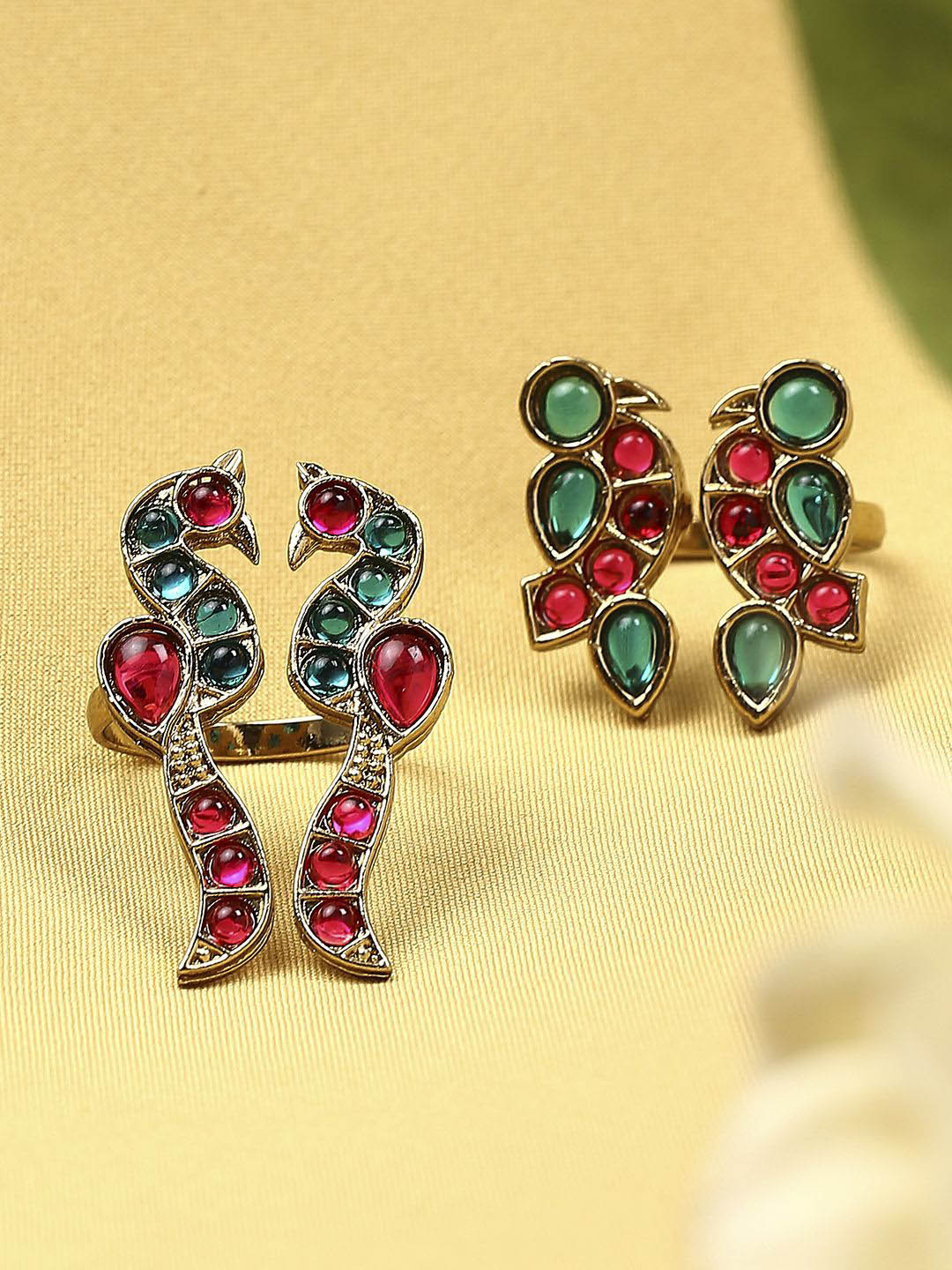 Anouk Set Of 2 Kundan Stone Studded Jadau Bird Design Finger Rings