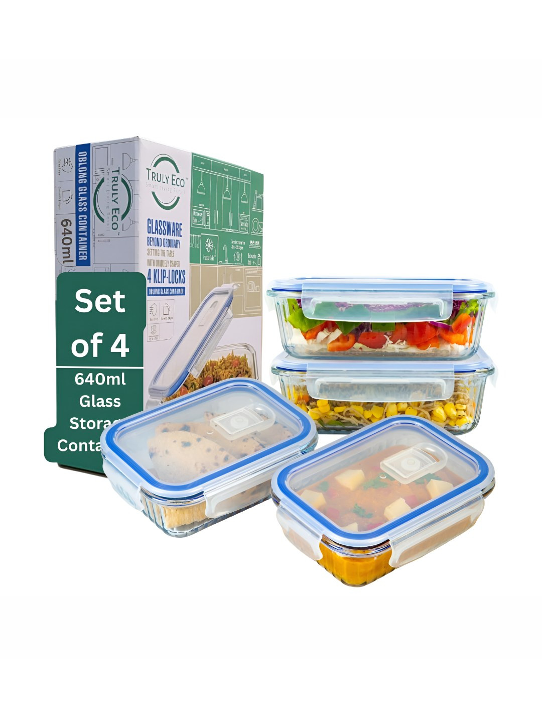 Truly Eco Smart Living Retail Transparent Glass Dishwasher Safe 4 Piece Clip-On Fridge Container-640ml
