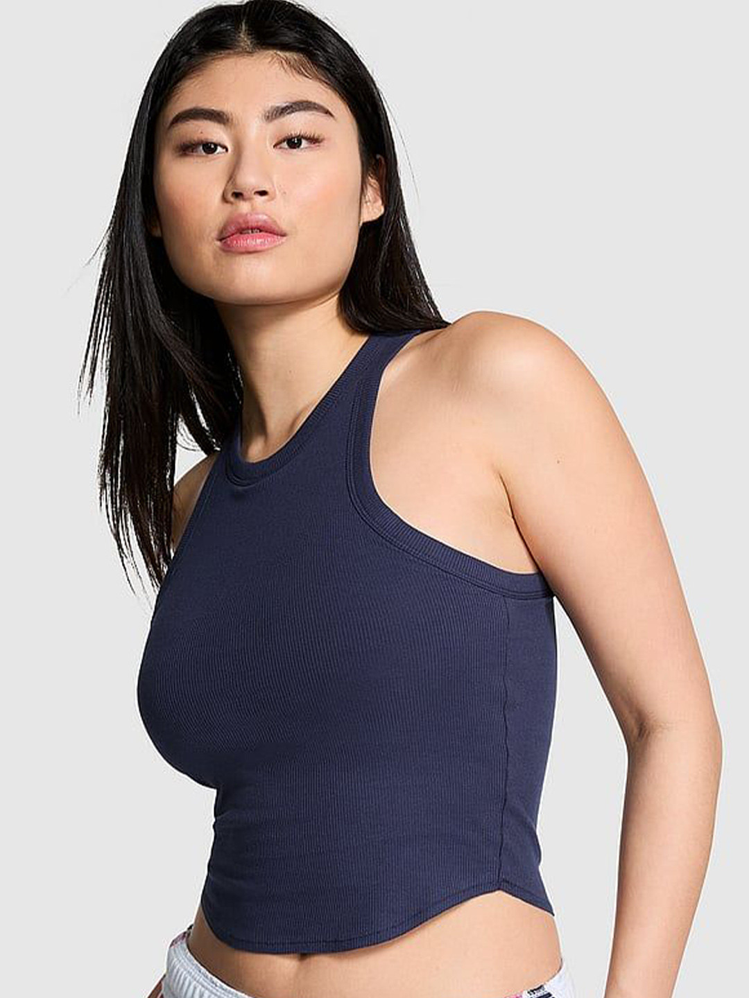 Victoria's Secret Women Ribbed Round Neck Sleeveless Cotton Crop Fitted Top