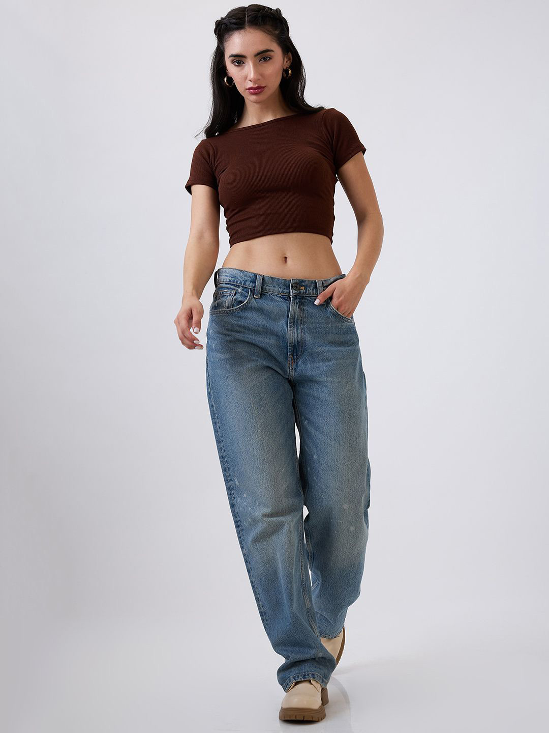 SZN Women Coffee Brown Ribbed Round Neck Crop Top