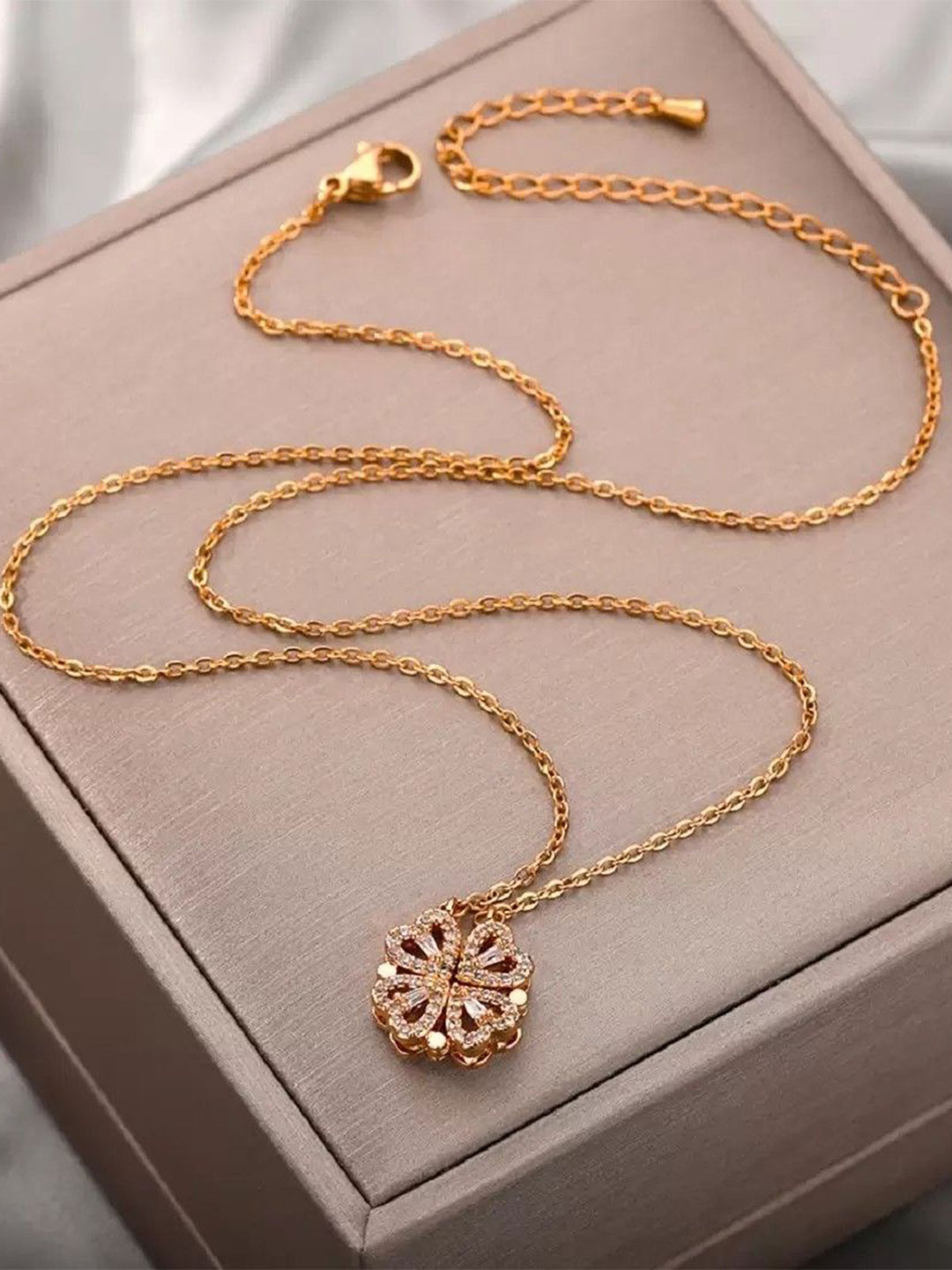 DressBerry Stainless Steel Rose Gold-Plated Stones Studded Heart Shaped Pendent With Chain
