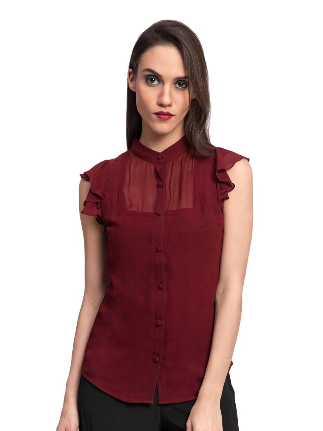 The Sancy Mandarin Collar Georgette Shirt Style Top