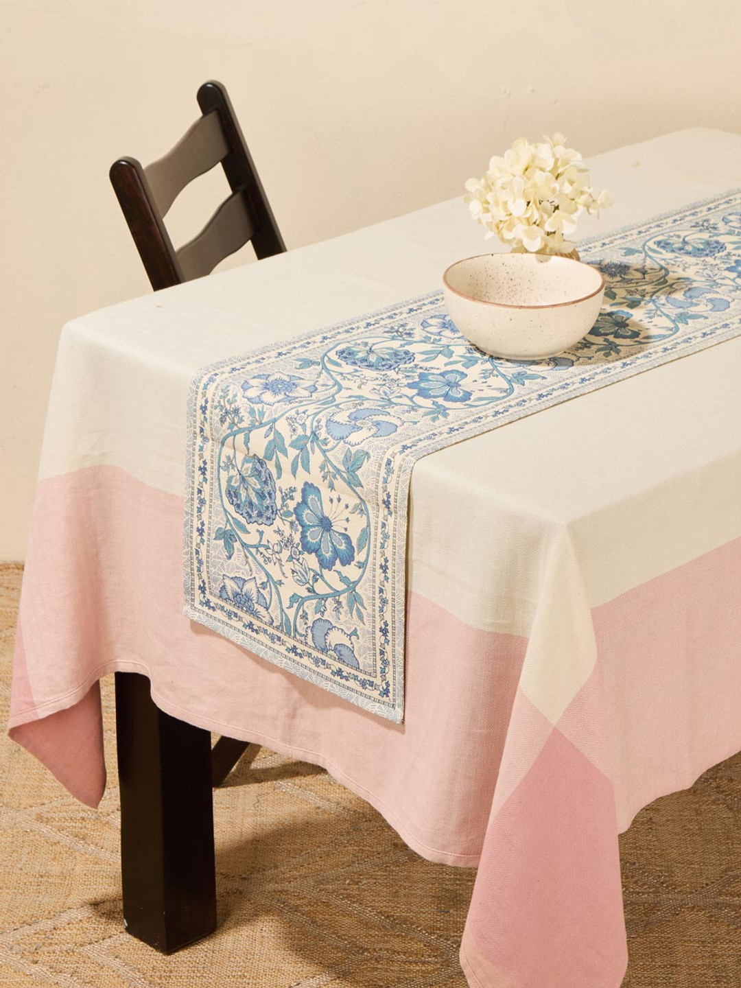 Fabindia Beige & Blue Printed Cotton Small Wabi Table Runner
