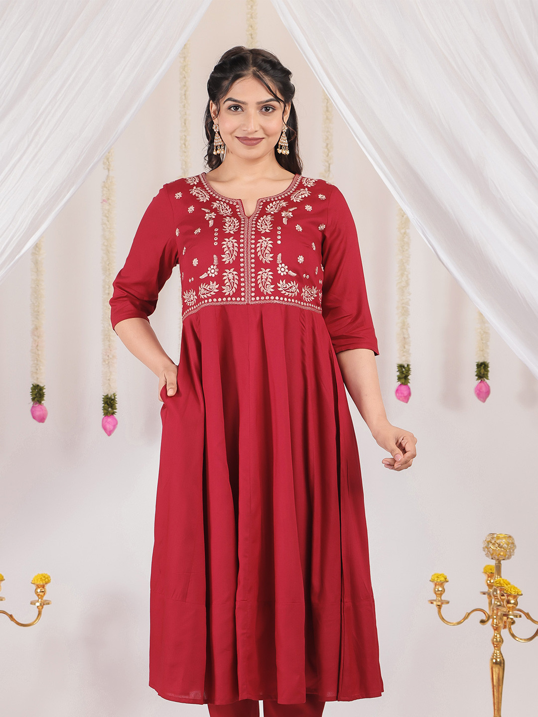 Aramya Floral Yoke Design Panelled Mirror Work Cotton Anarkali Kurta
