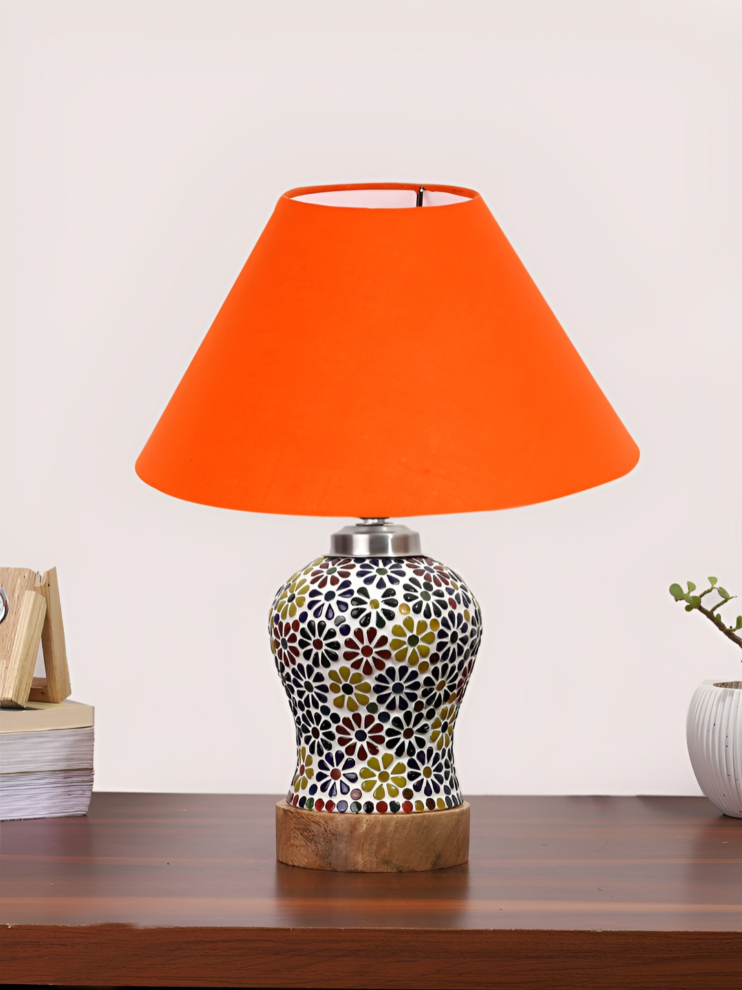 Devansh Orange Traditional Frusturical Shaped Wooden Table Lamp & Mosaic Glass