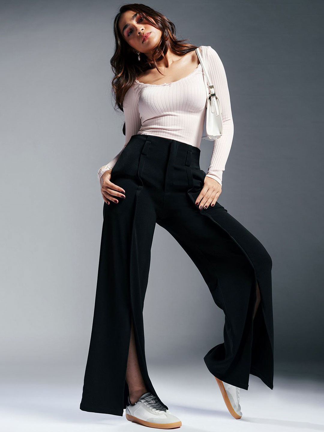 FREAKINS Women Dark Allure High-Rise Relaxed Fit Front Slit Korean Pants