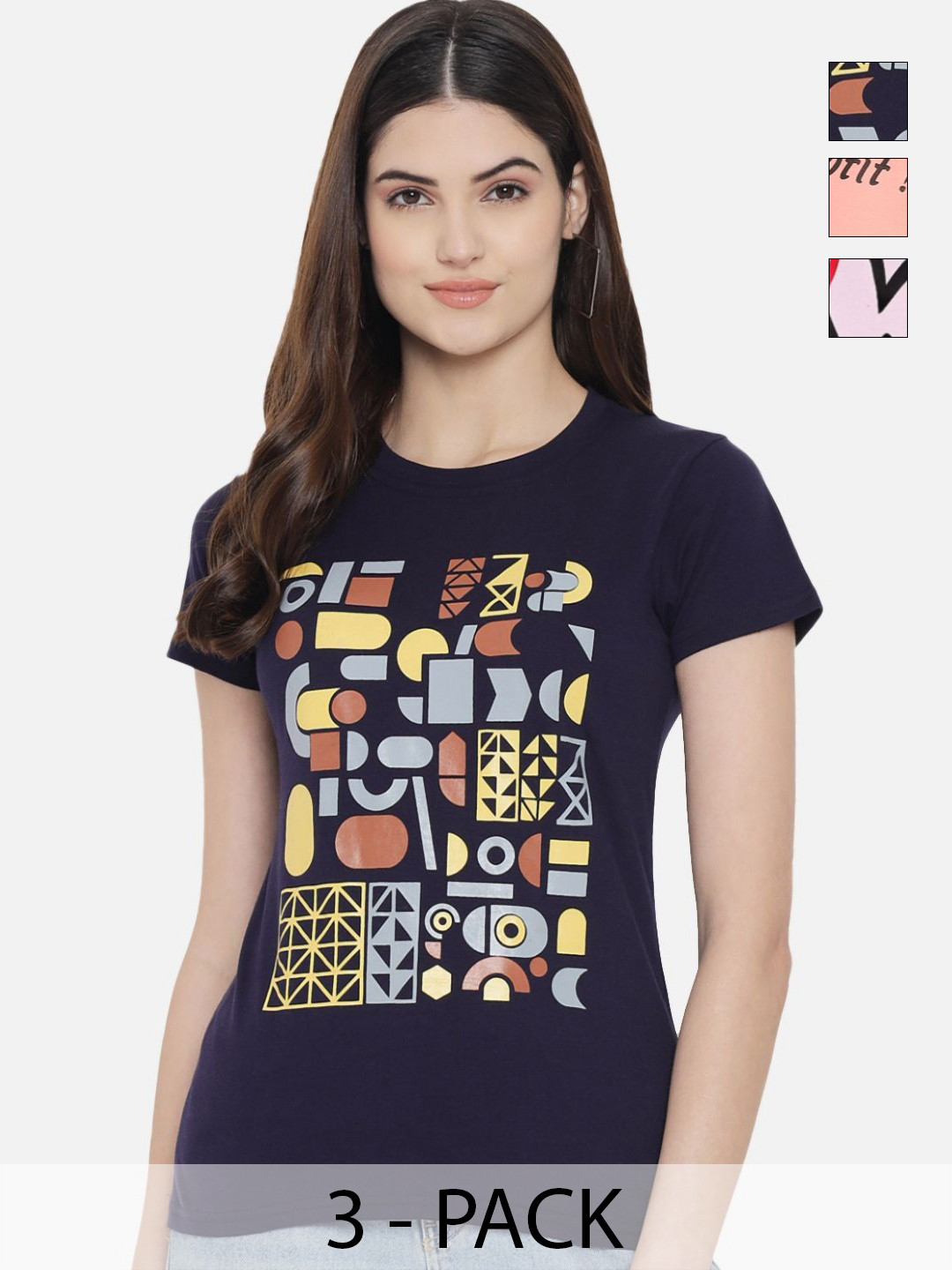 Dreambe Women Pack of 3 Geometric Printed Round Neck Cotton T-shirts