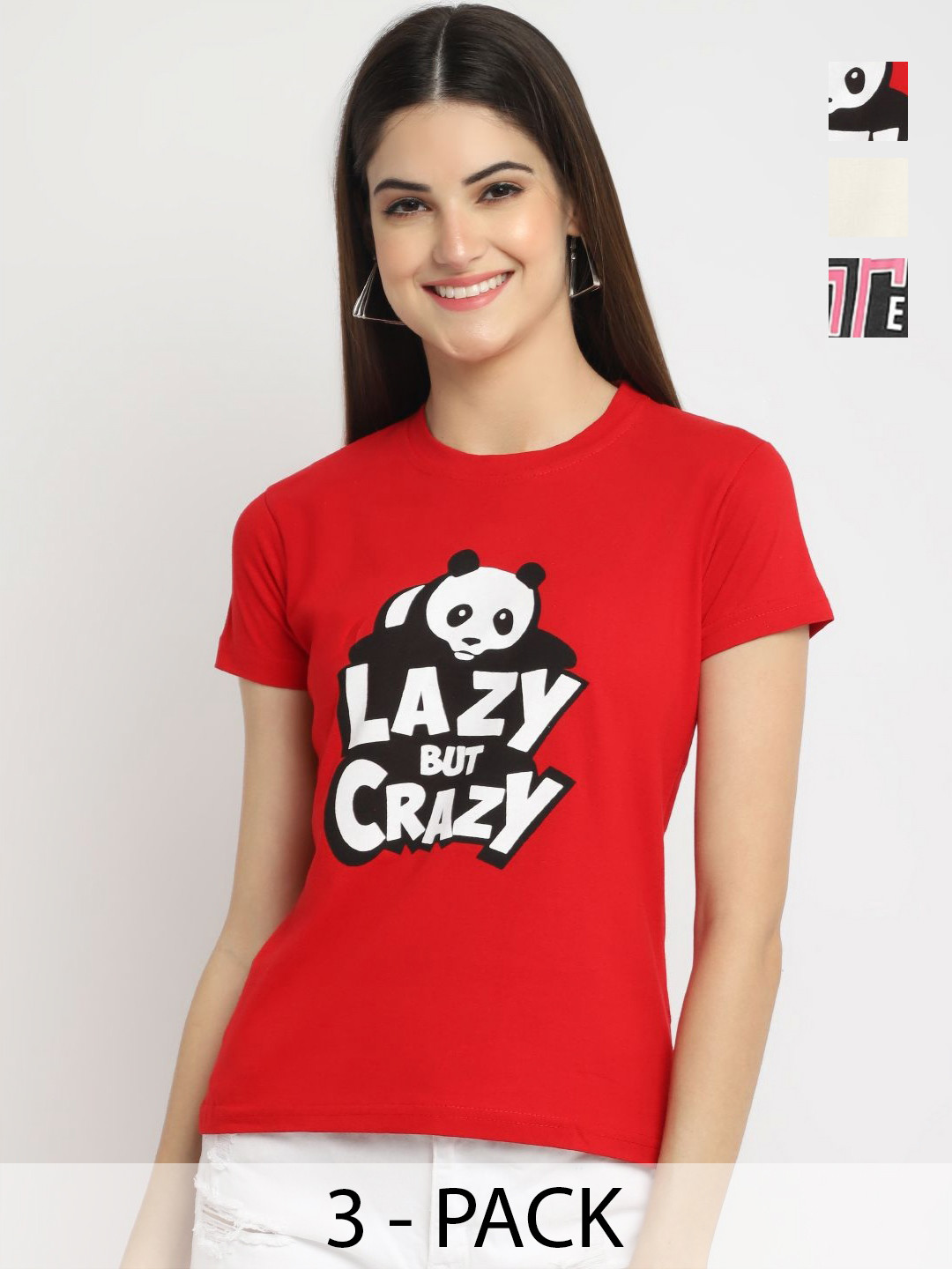 Dreambe Pack Of 3 Typography Printed Panda Cotton T-shirt