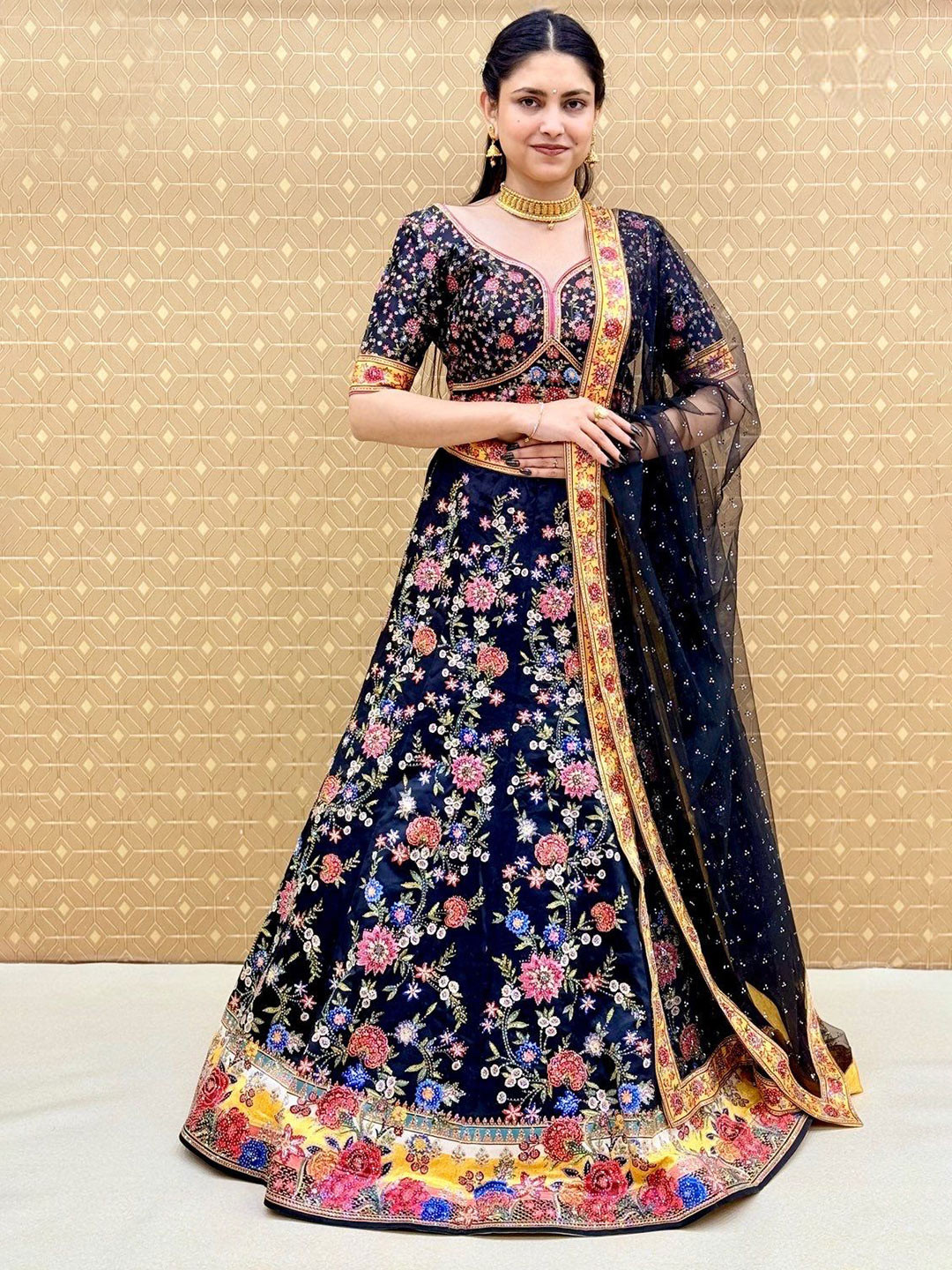 KUNDAN FAB Embroidered Thread Work Semi-Stitched Lehenga & Unstitched Blouse With Dupatta