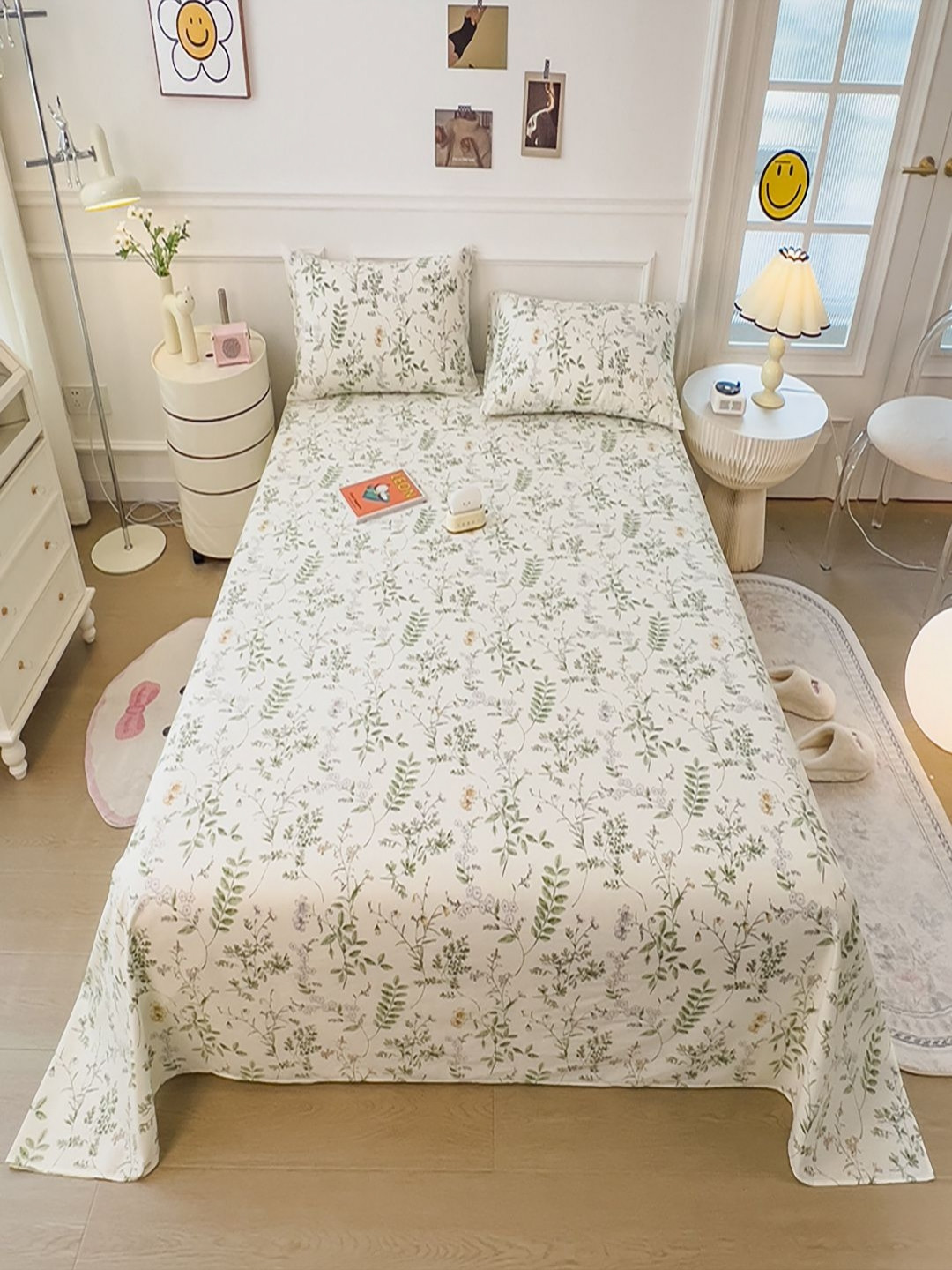 JC HOME White & Green Floral Printed Pure Cotton 220 TC King Bedsheet Set 2.00 m  x 2.30 m