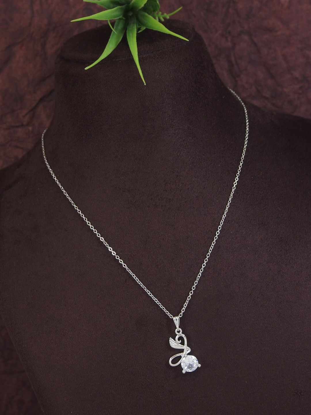 V FASHION JEWELLERY Silver-Plated American Diamond-Studded Pendant With Chain