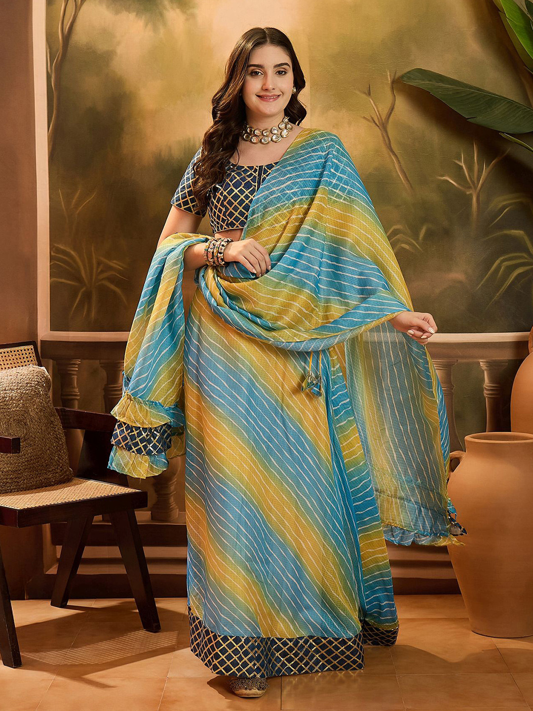 Sangria Ombre Kota Doria Lehenga With Choli & Dupatta