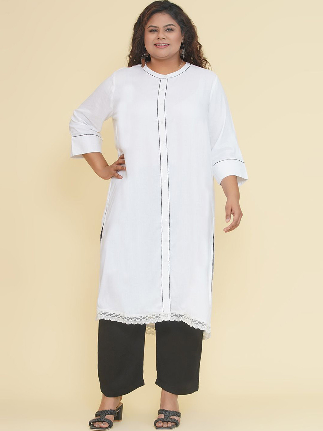 Kiaahvi by JOHN PRIDE Plus Size Band Collar Thread Work Straight Kurta