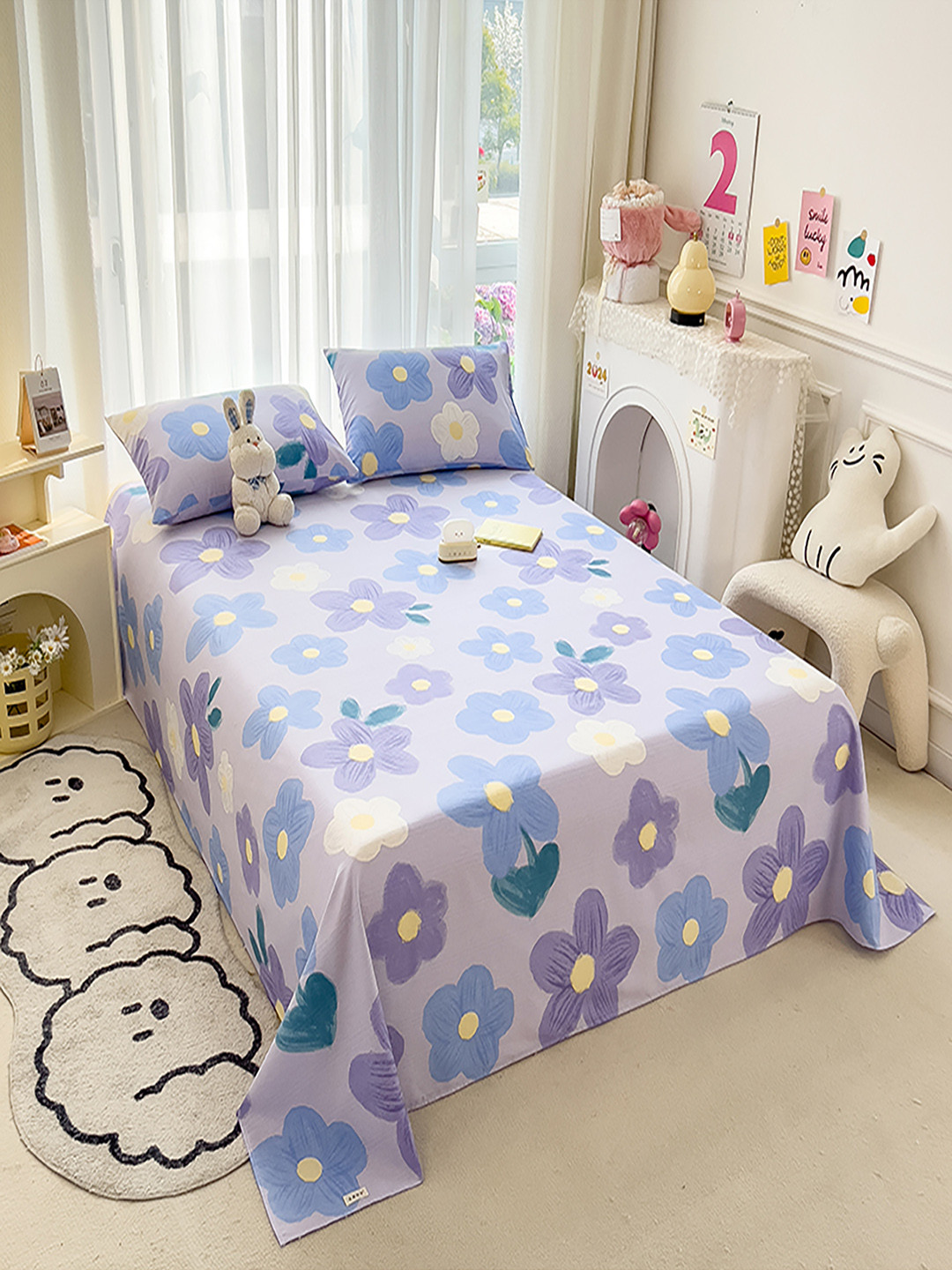 JC HOME Damask Floral Design Purple Floral Polycotton 140 TC King Bedsheet with 2 Pillow Covers-245 x 270 cm