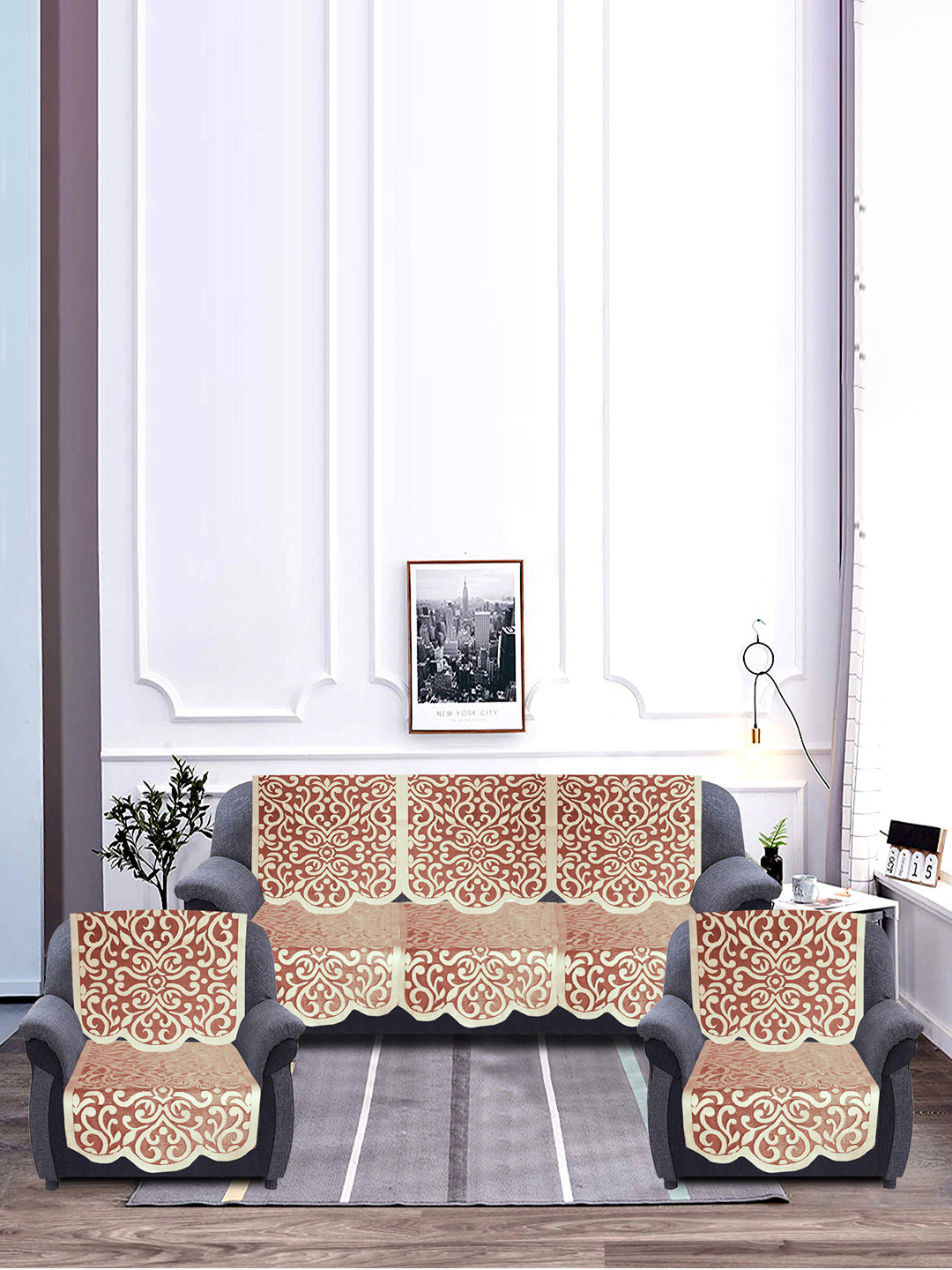 Kuber Industries Set of 6 Maroon & White Artcam Design Printed 5 Seater Cotton Sofa Cover