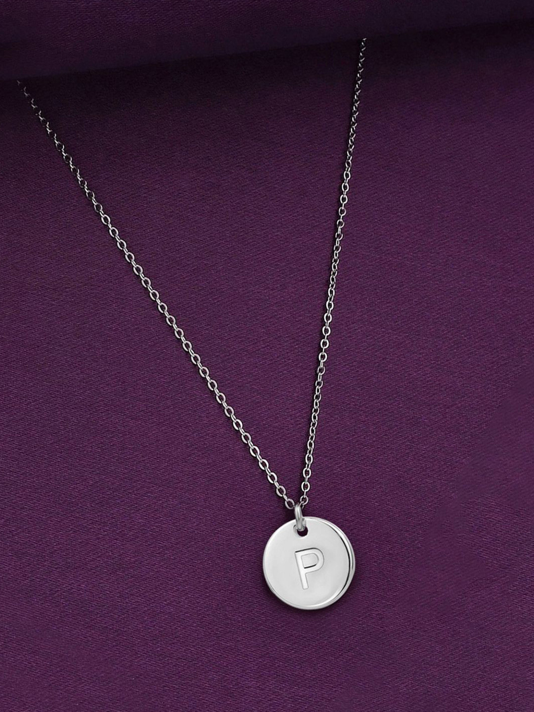 Peora Unisex Silver-Plated Stainless Steel Alphabet P Circular Pendant With Chain