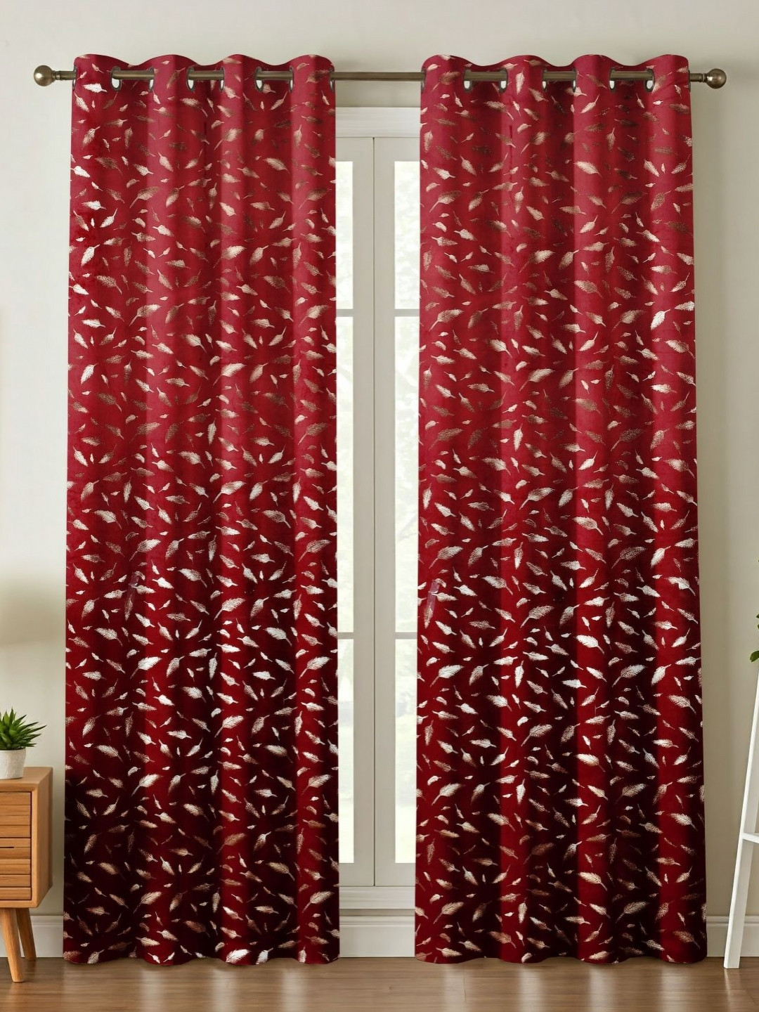 Galaxy Home Decor Maroon And Silver-Toned 2 Pieces Floral Room Darkening Window Curtains